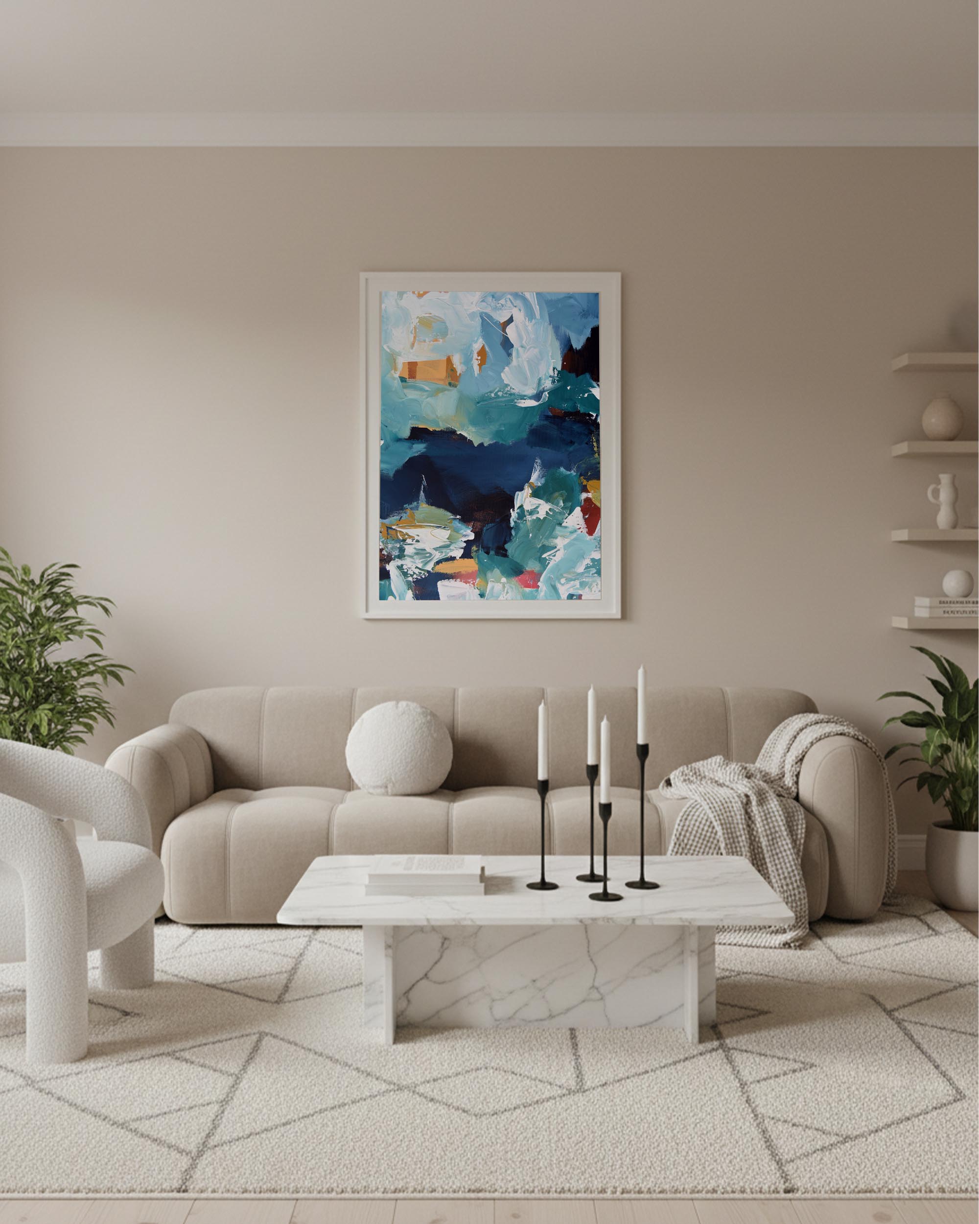 Modern living room with a beige sofa, marble coffee table, and abstract artwork on the wall.