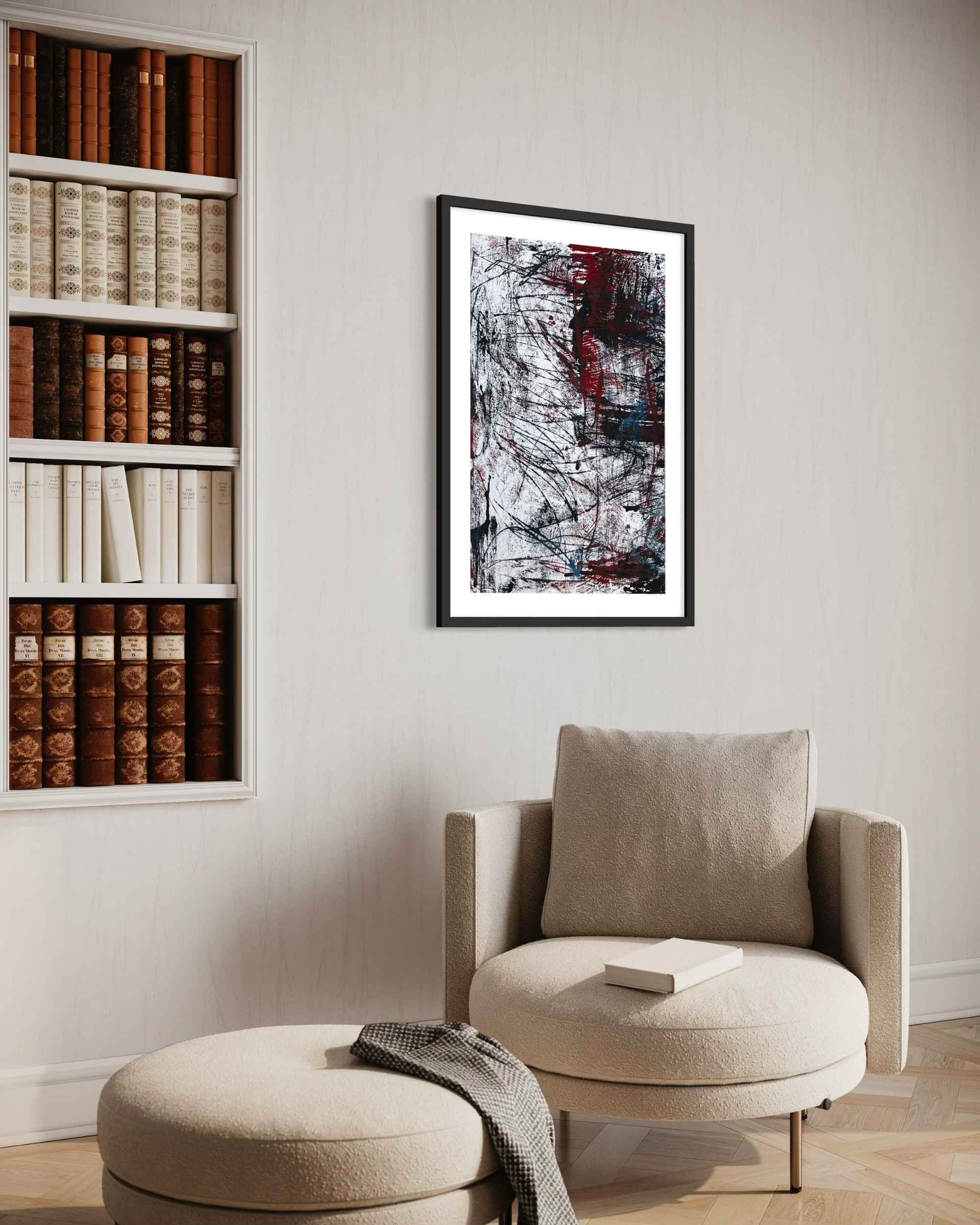 modern abstract painting in sophisticated living room with bespoke Scandinavian furniture