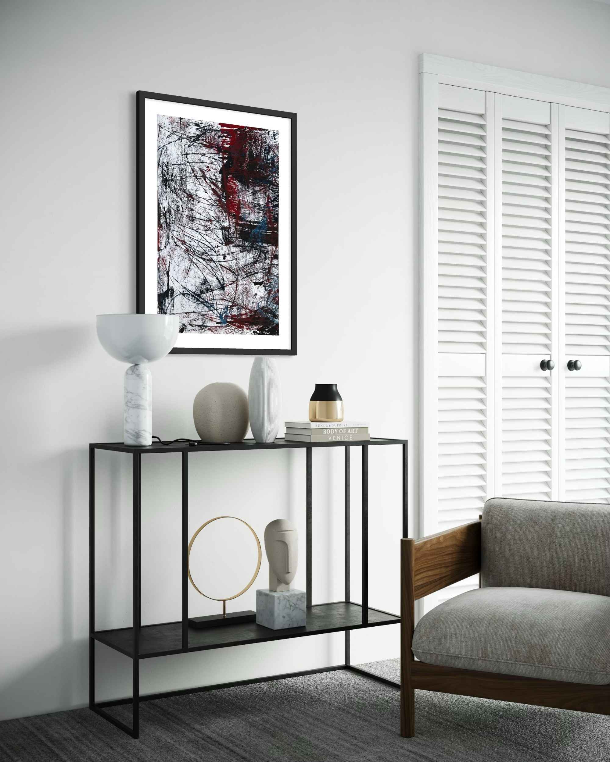 red black and grey wall art, modern abstract handpainted painting by British artist in grey living room decor