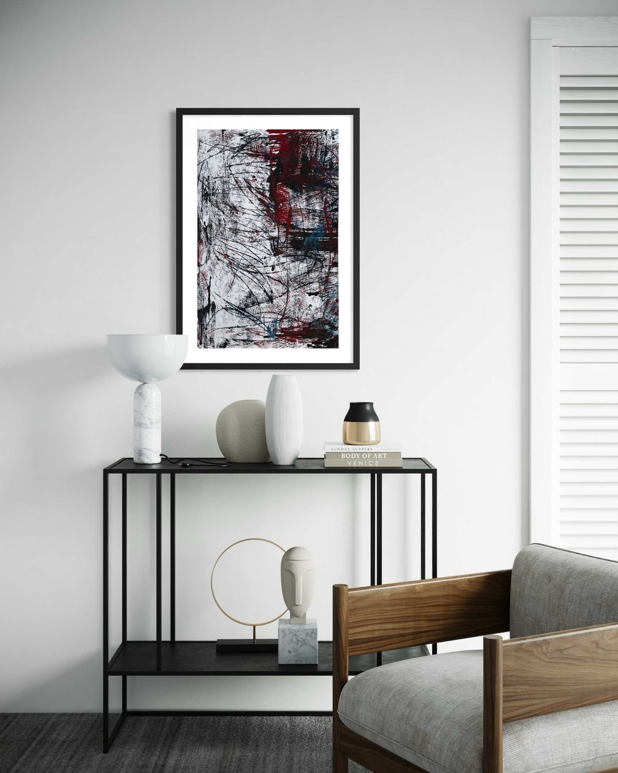 large framed red abstract painting, original handpainted wall art in stylish contemporary living room