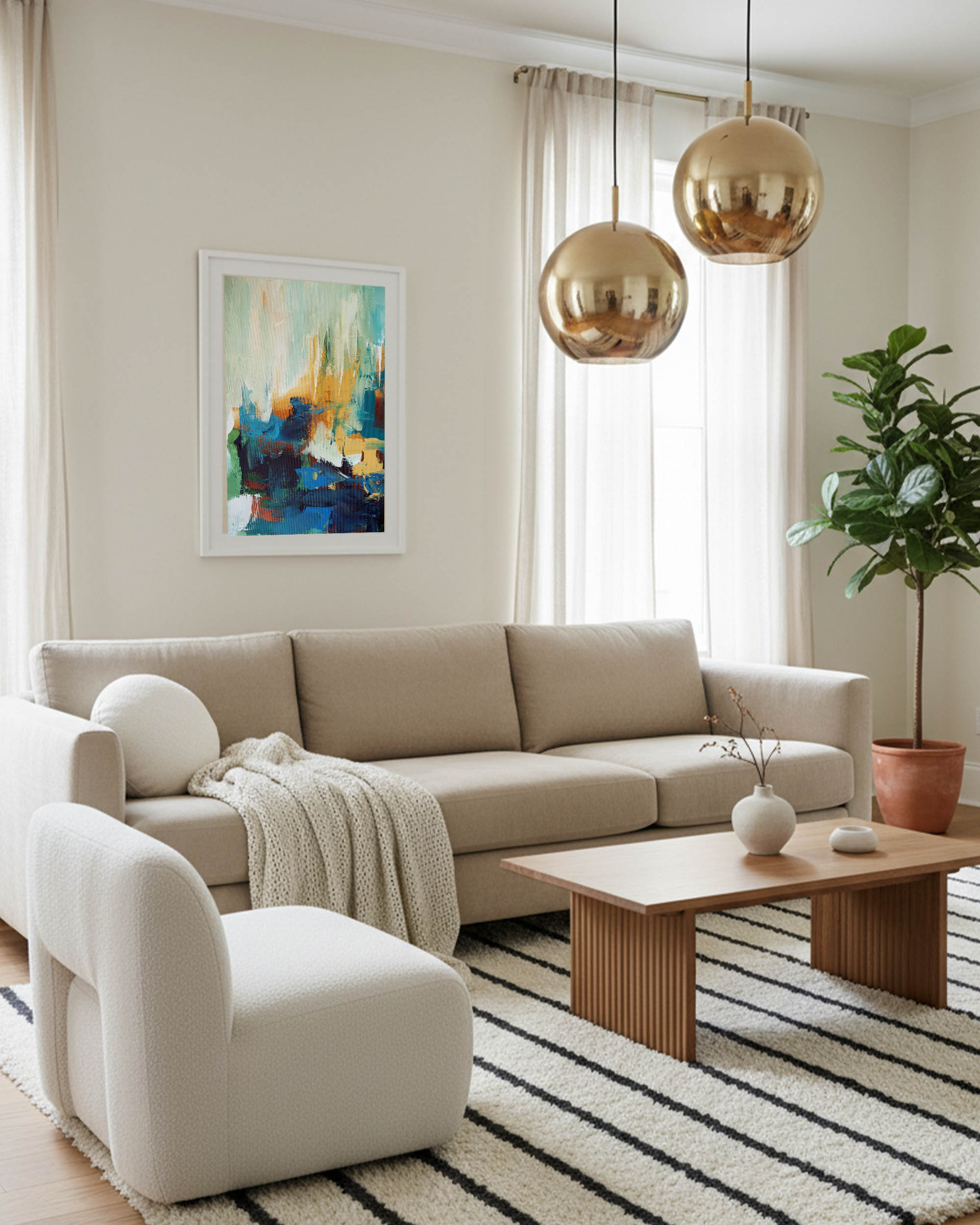 large modern colourful abstract art print, framed pictures for scandinavian interior design living room with oak coffee table and large brass lights.