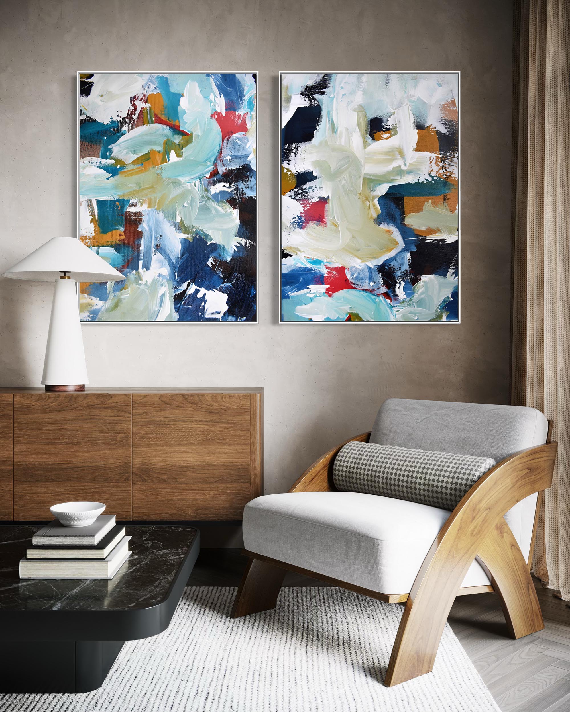Modern living room with abstract art, chair, and coffee table.