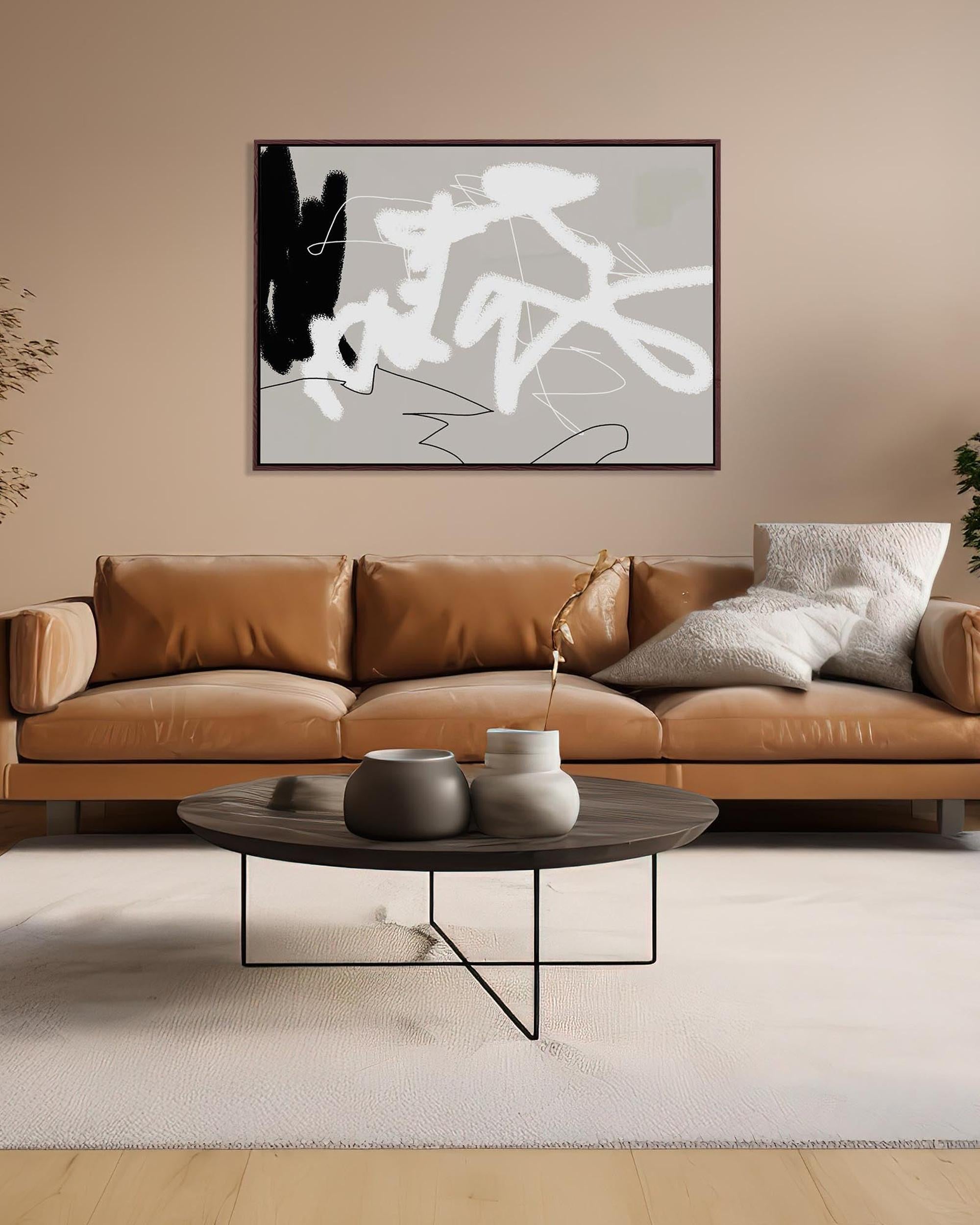 grey black and white lines abstract contemporary canvas art in living room