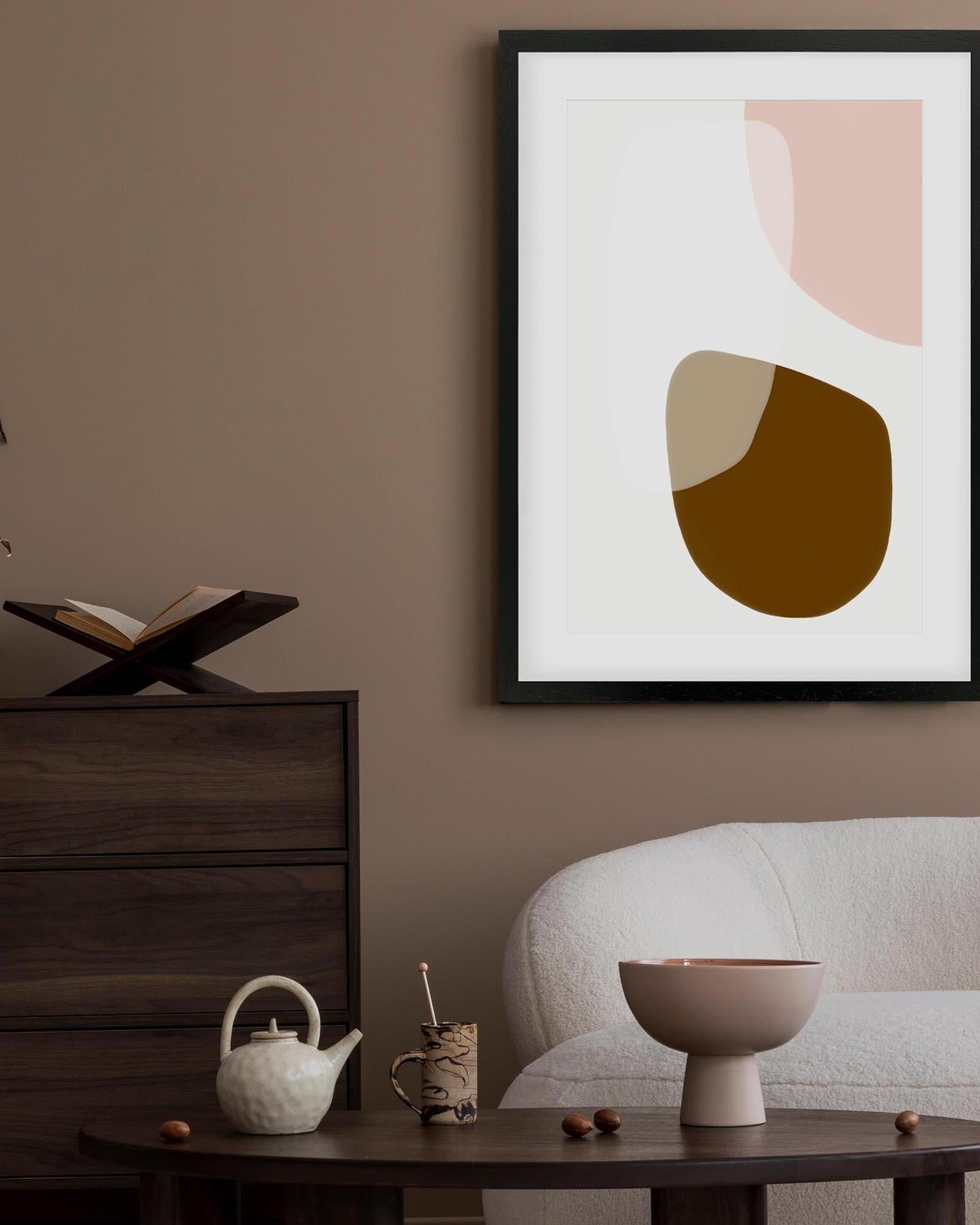 Abstract art print on a wall in a living room setting with furniture and decor.
