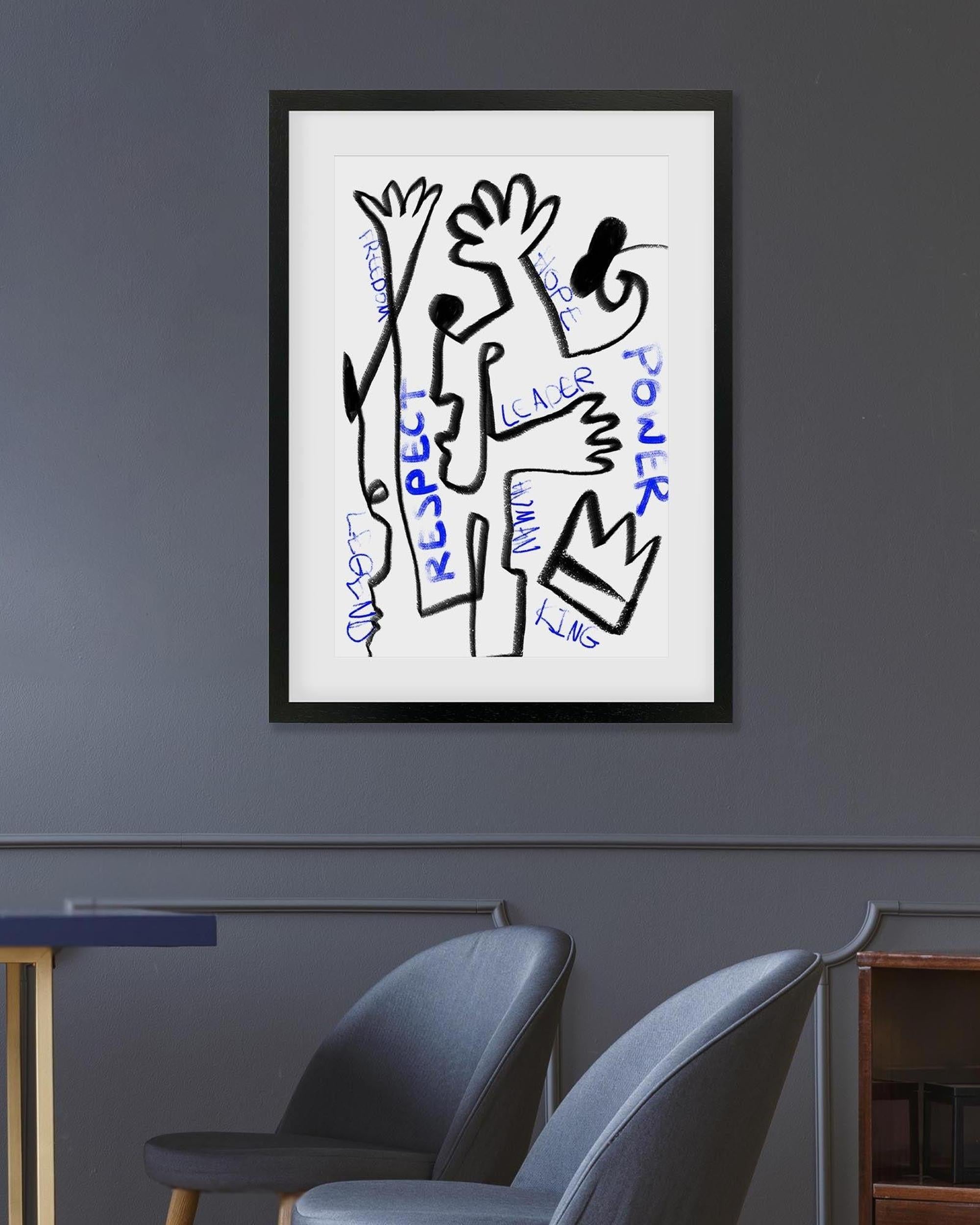 Framed artwork with abstract design and text on a gray wall.