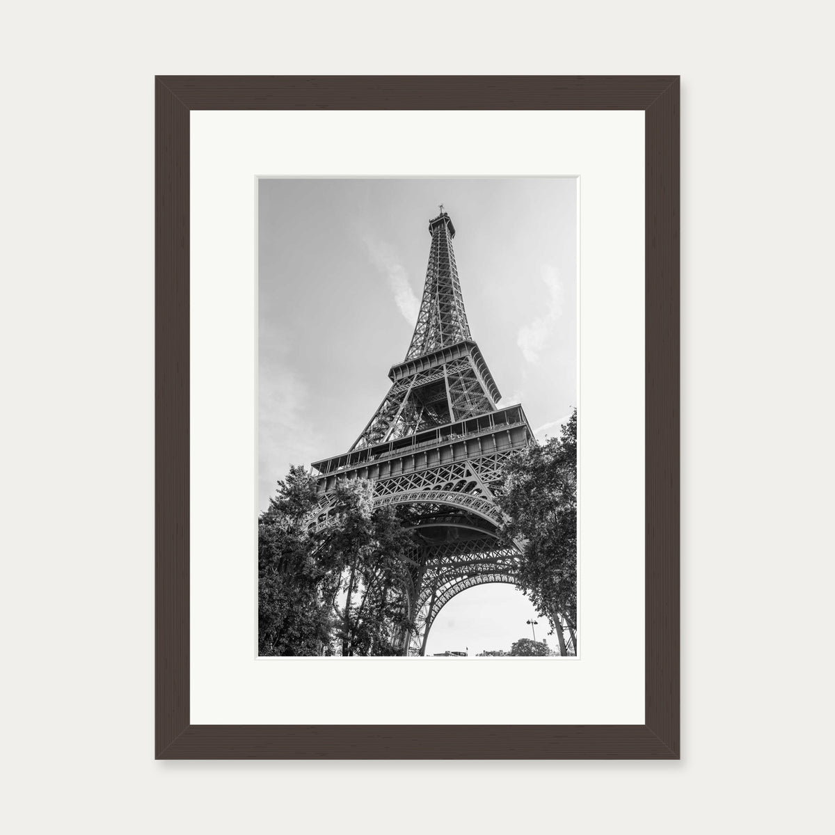 Monochrome Eiffel Tower Wall Art Print — 30 x 40 cm — Brown Frame