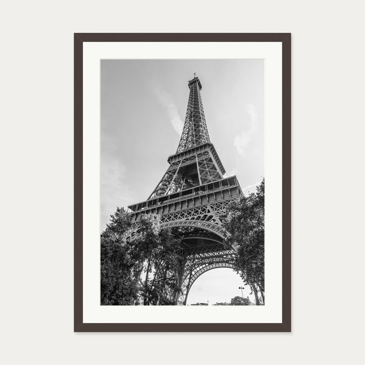 Monochrome Eiffel Tower Wall Art Print — 50 x 70 cm — Brown Frame