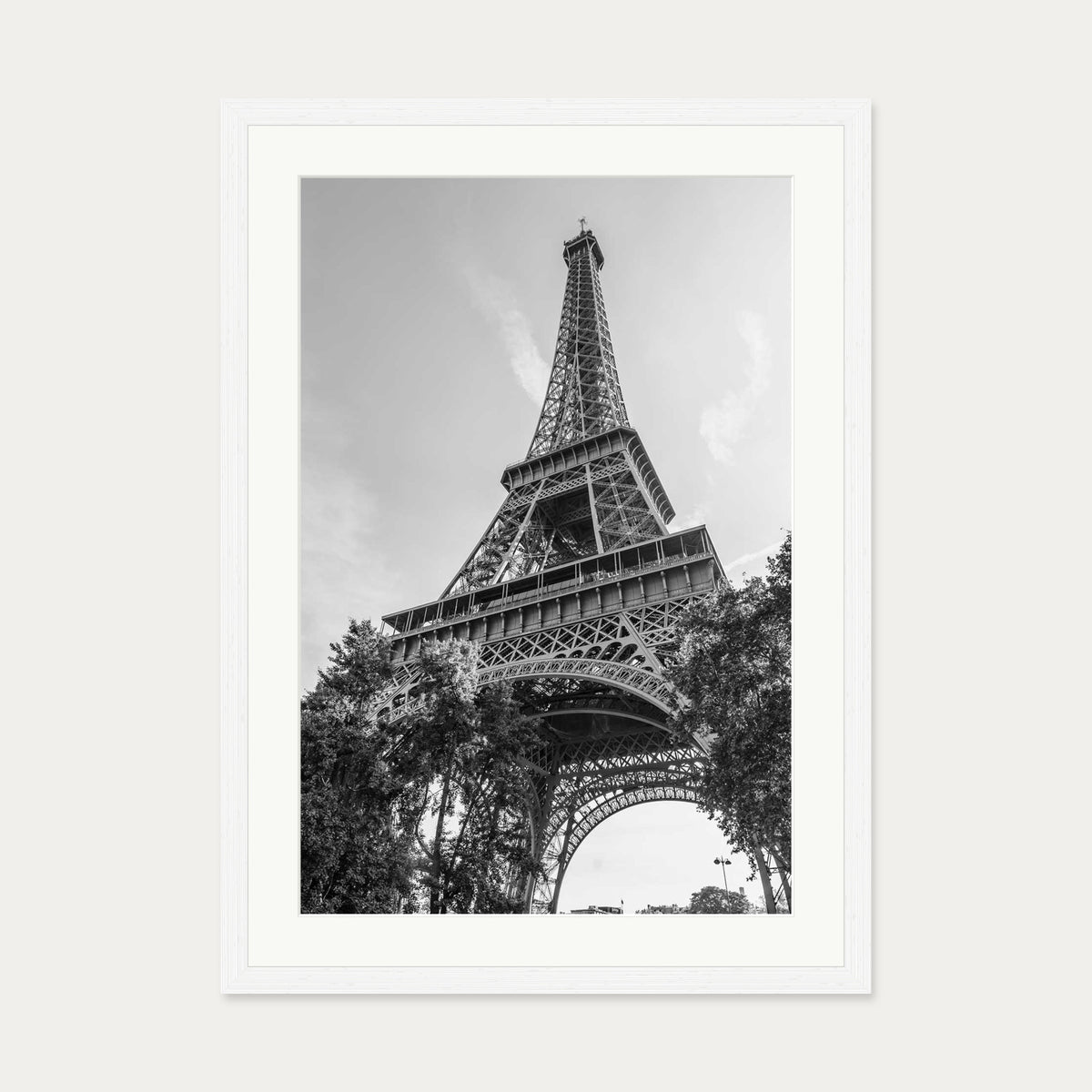 Monochrome Eiffel Tower Wall Art Print — 50 x 70 cm — White Frame