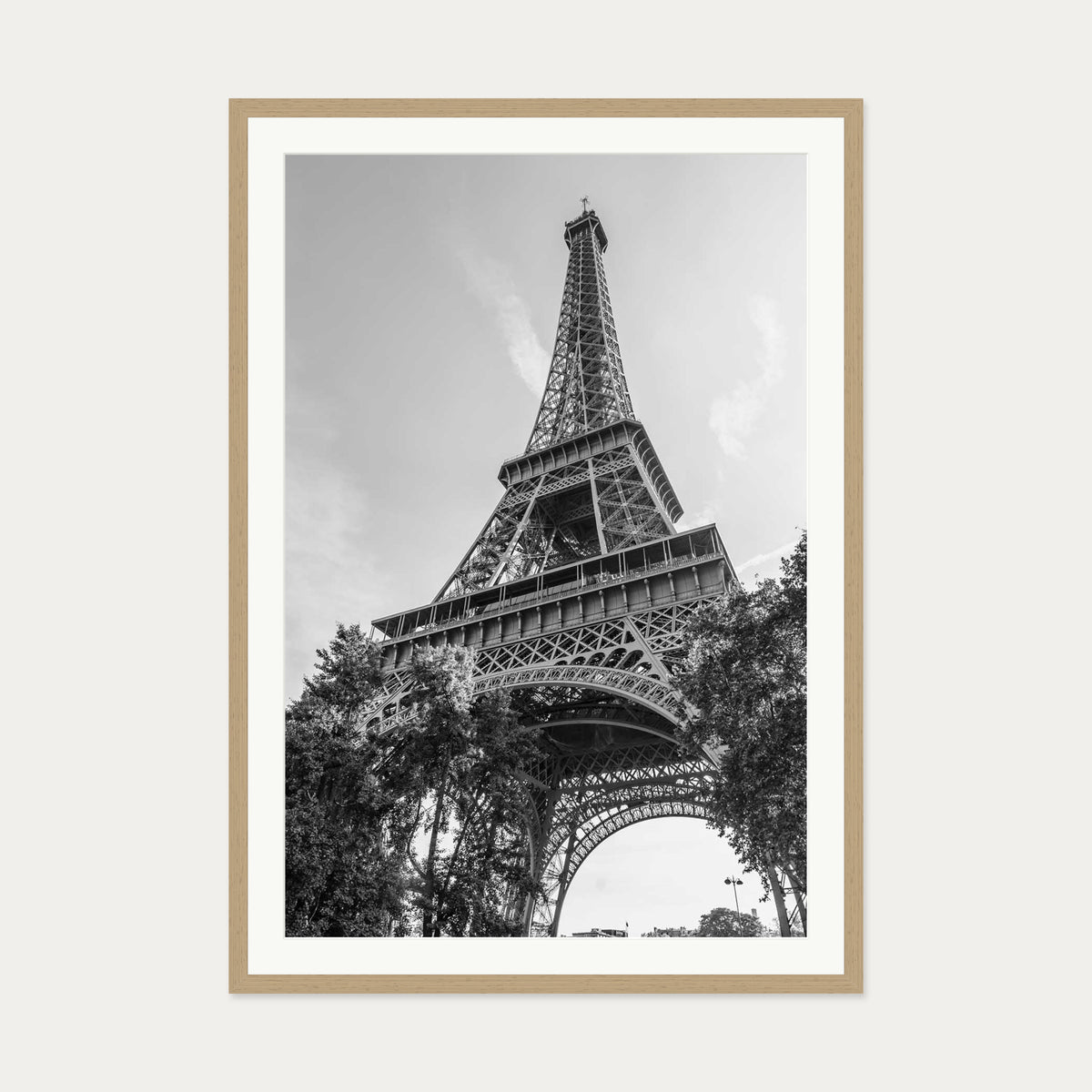 Monochrome Eiffel Tower Wall Art Print — 70 x 100 cm — Oak Frame
