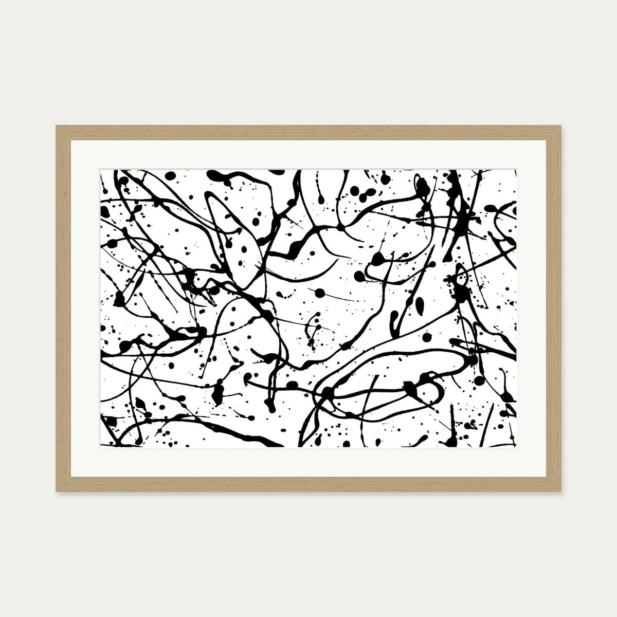 Monochrome Splatter II Art Print — 50 x 70 cm — Oak Frame