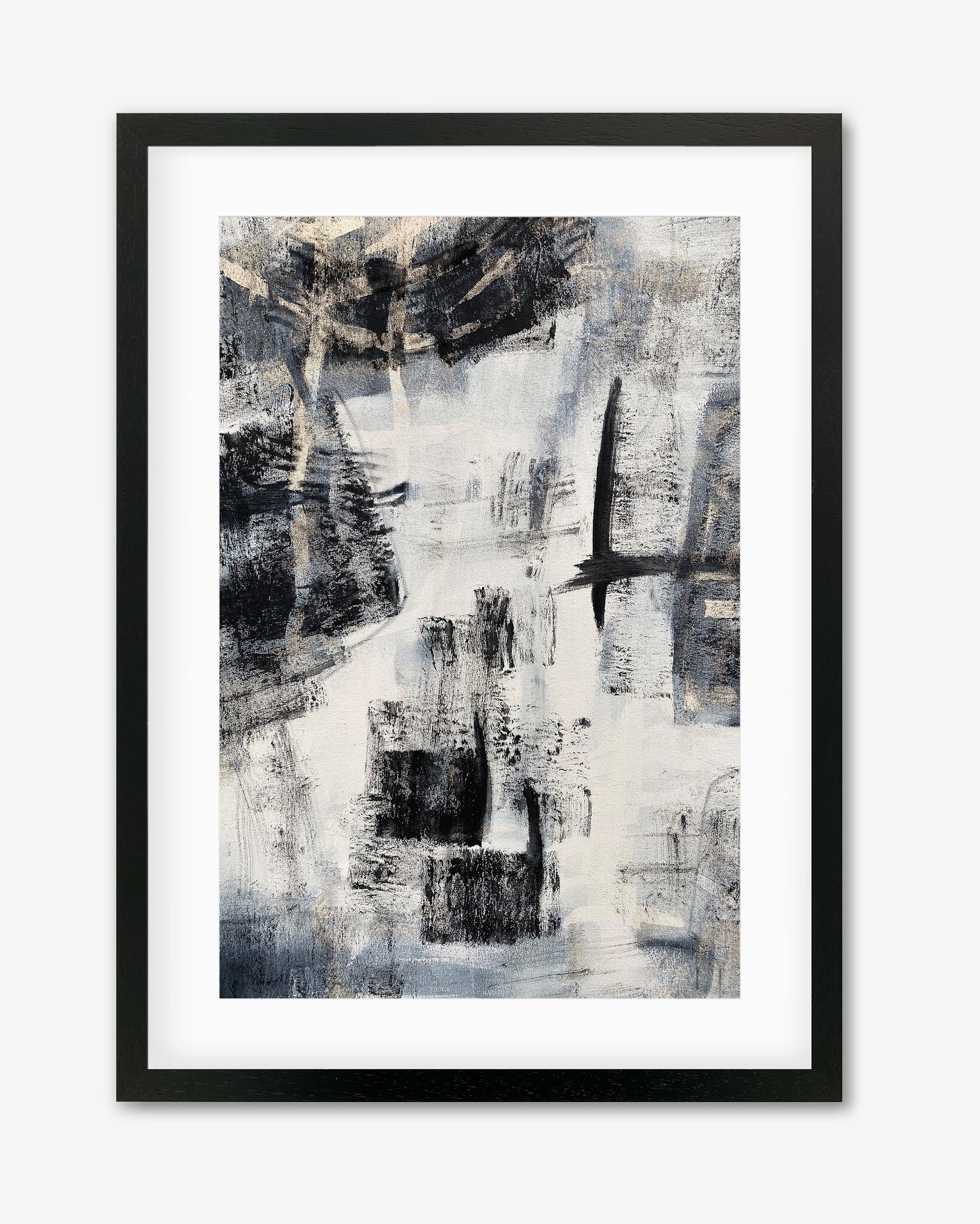 A framed art print with an abstract design, predominantly in monochrome with hints of warmer colors, displayed in a vertical frame.