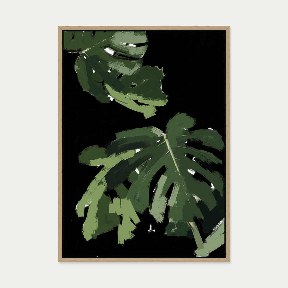 Monstera Noir Canvas Art — 50 x 70 cm — Oak Frame