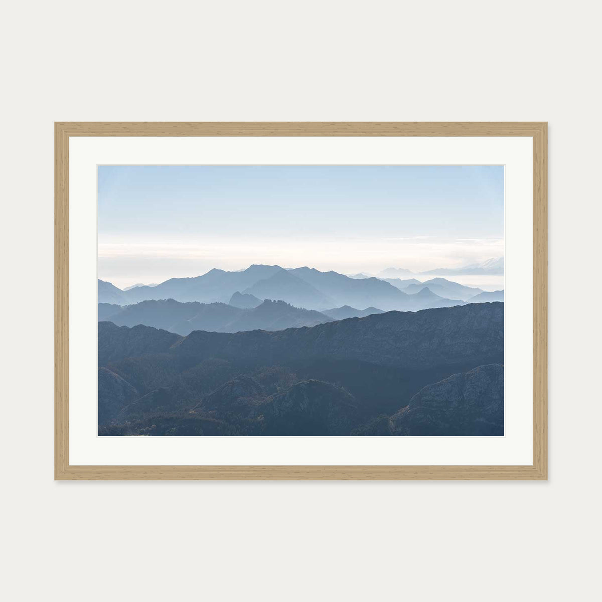 Mountain Range Blue Art Print — 50 x 70 cm — Oak Frame
