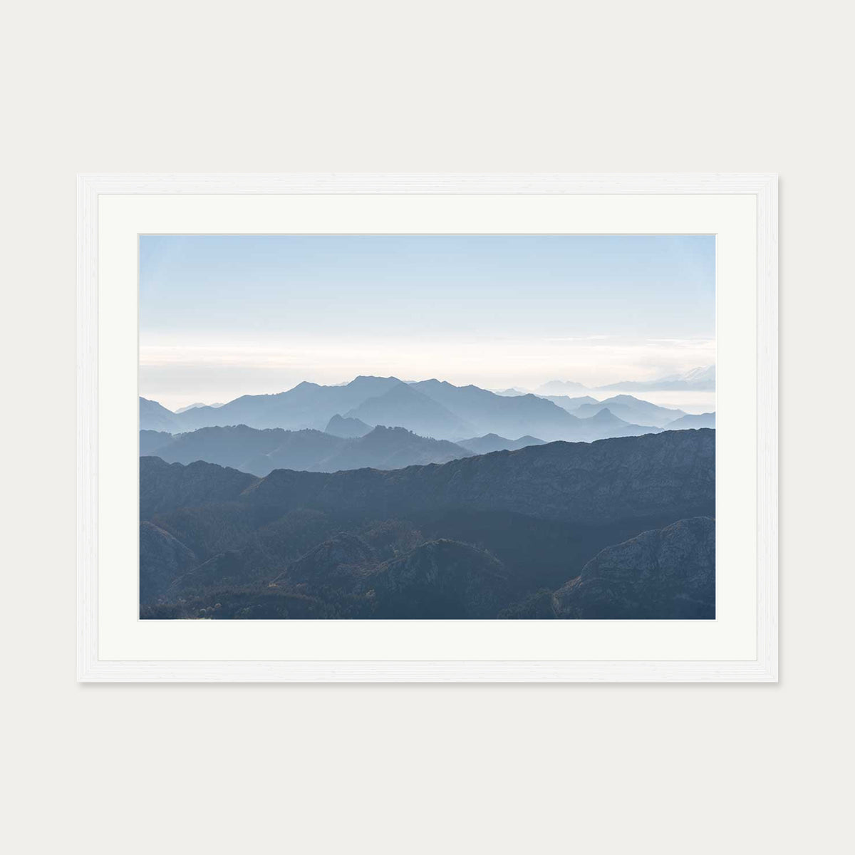 Mountain Range Blue Art Print — 50 x 70 cm — White Frame