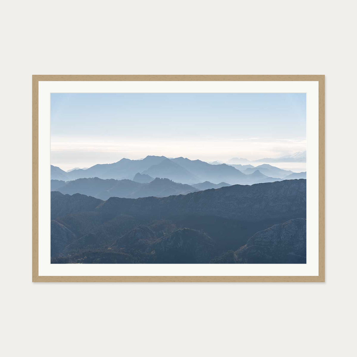 Mountain Range Blue Art Print — 70 x 100 cm — Oak Frame