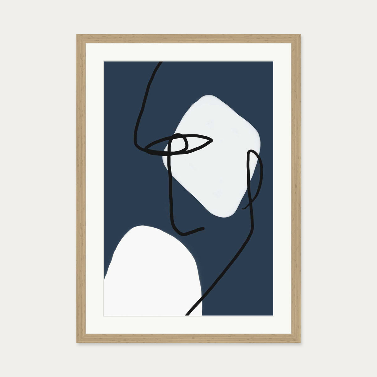 Navy Blues Line Art Print — 50 x 70 cm — Oak Frame