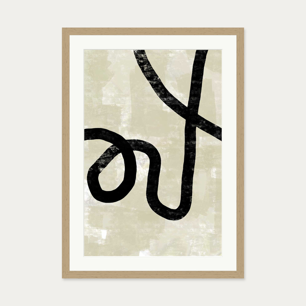 Neutral Abstract Curved Lines Art Print — 50 x 70 cm — Oak Frame