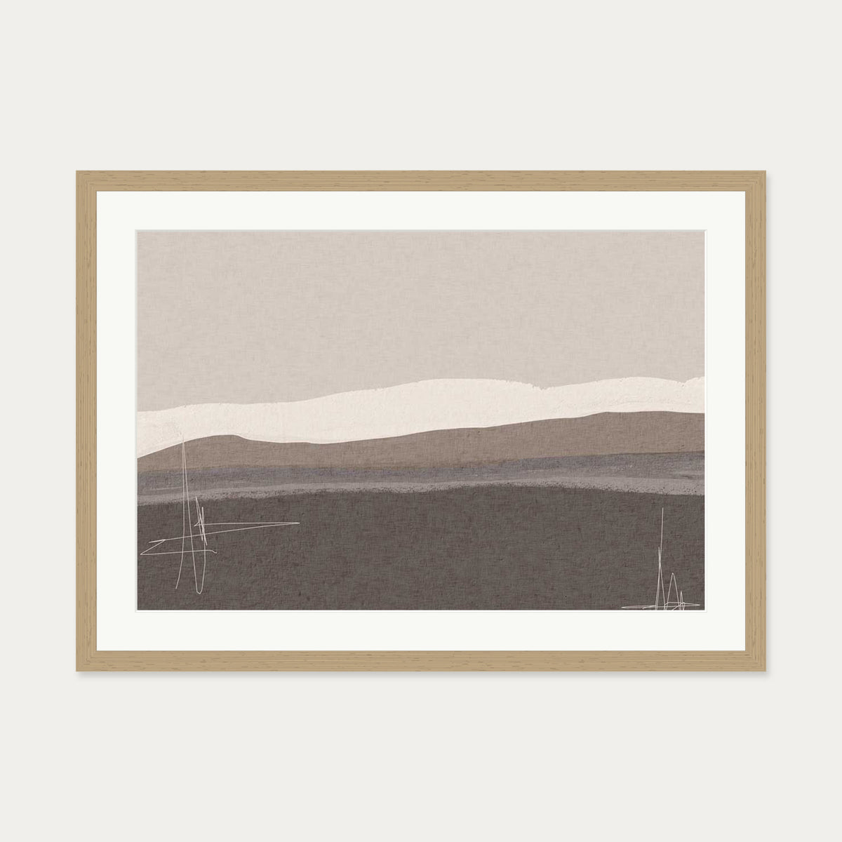 Neutral Abstract Seascape Art Print — 50 x 70 cm — Oak Frame