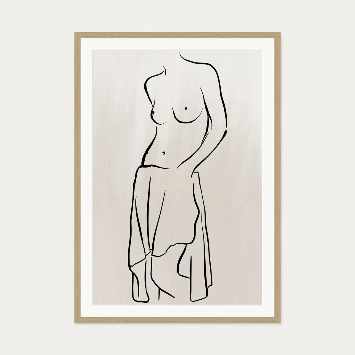 Neutral Nude Figure Line Art Print — 70 x 100 cm — Oak Frame