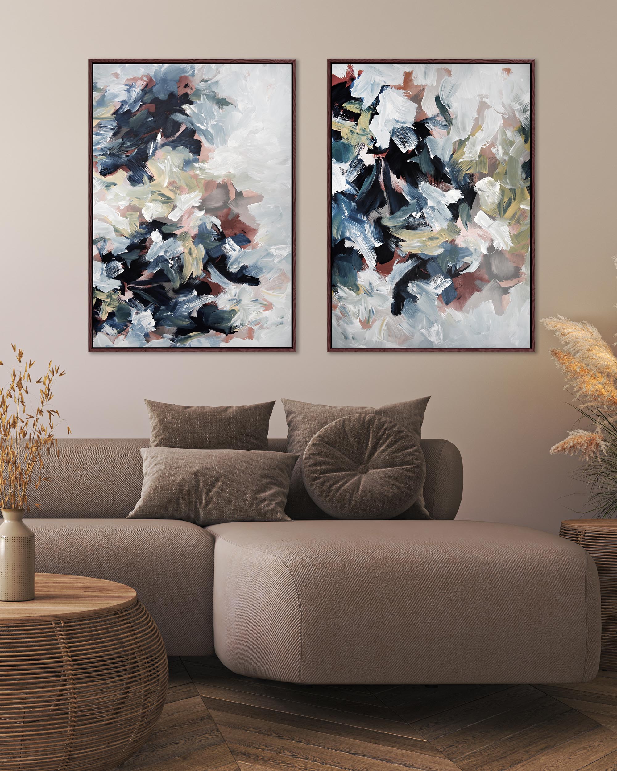 large wall art framed abstract print set in modern living room
