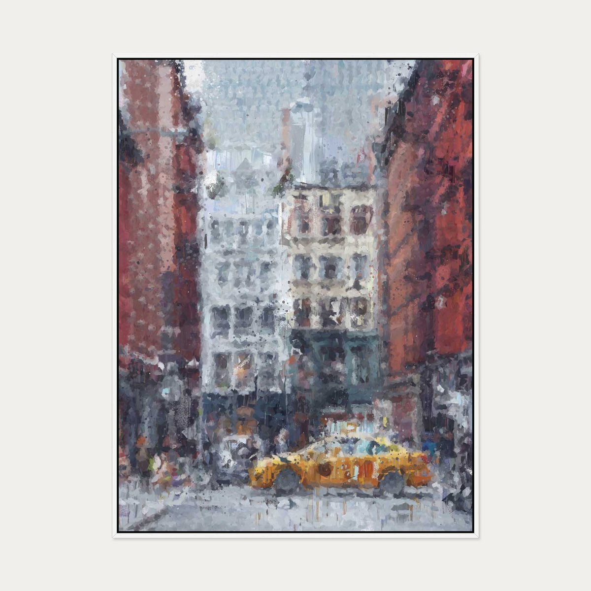 New York Taxi Impressionist Painting Canvas Art — 90 x 120 cm — White Frame