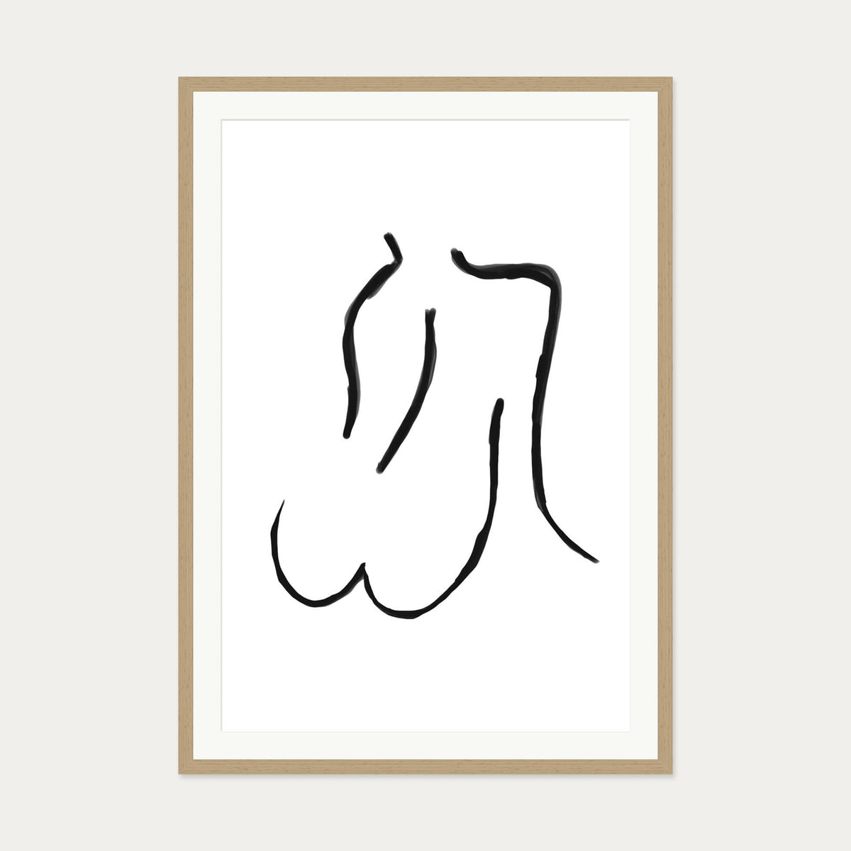 Nude Line Art Drawing Art Print — 70 x 100 cm — Oak Frame