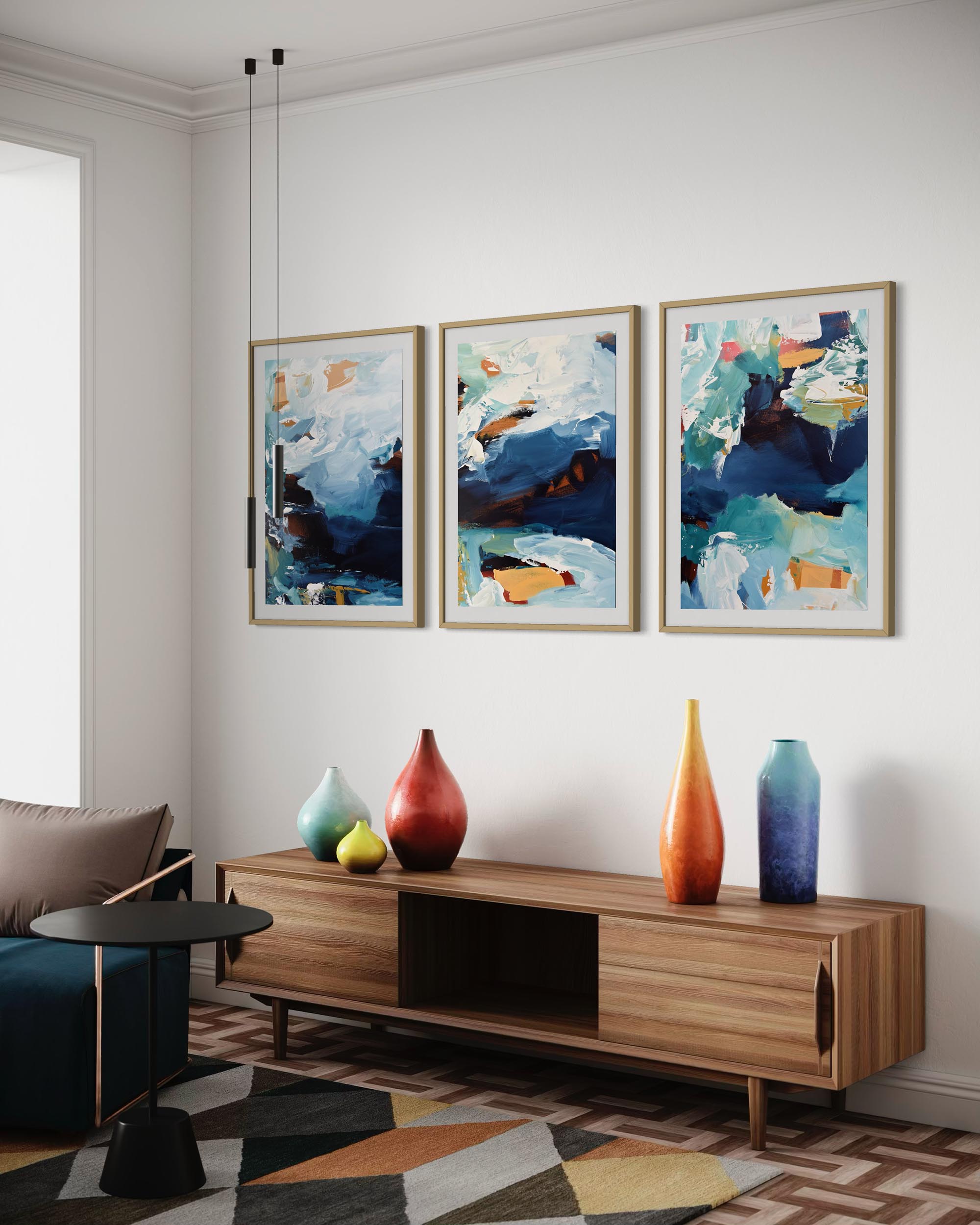Modern living room with abstract art on the wall and decorative vases on a wooden console table.