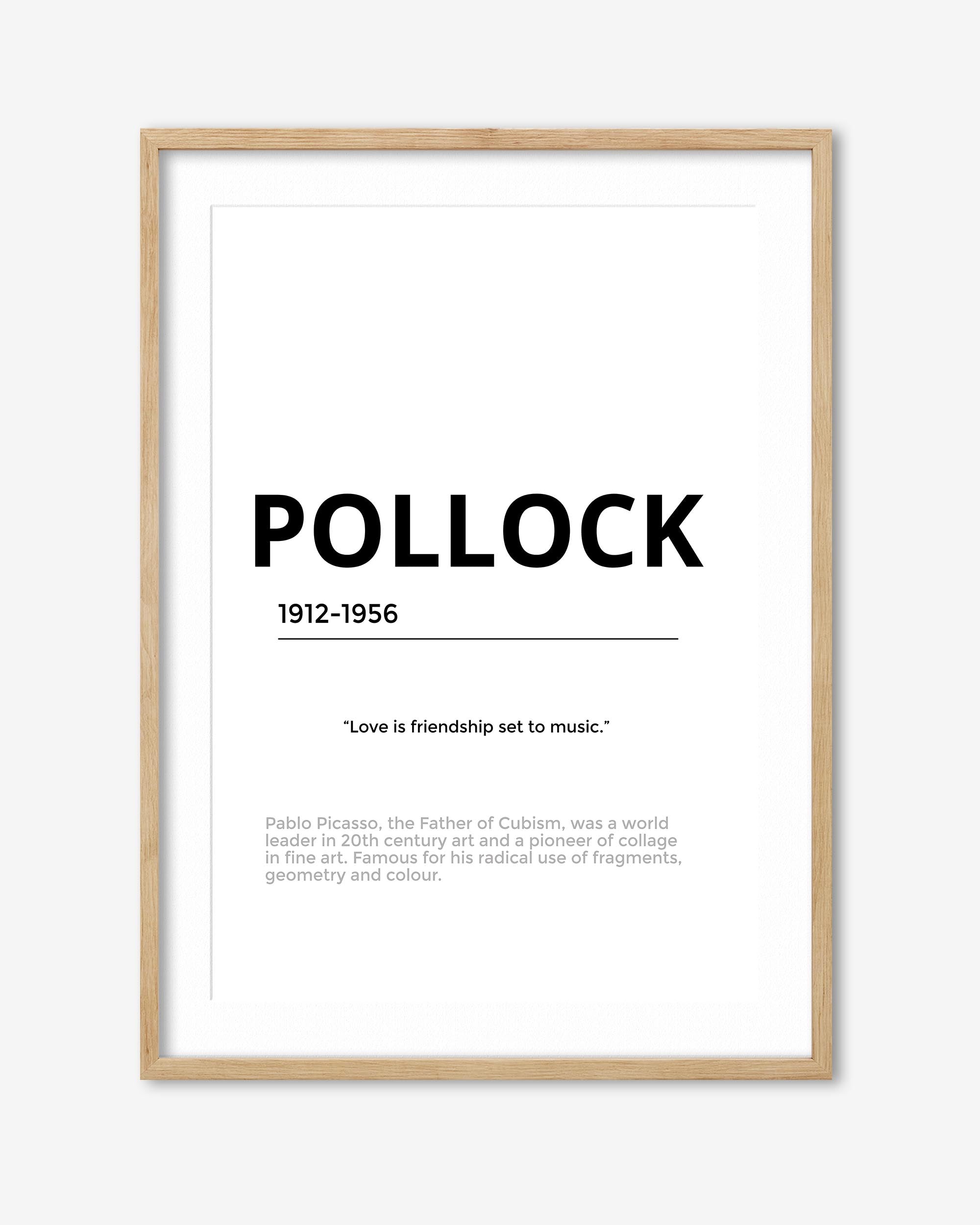 Framed poster with text about Pollock and Picasso on a white background