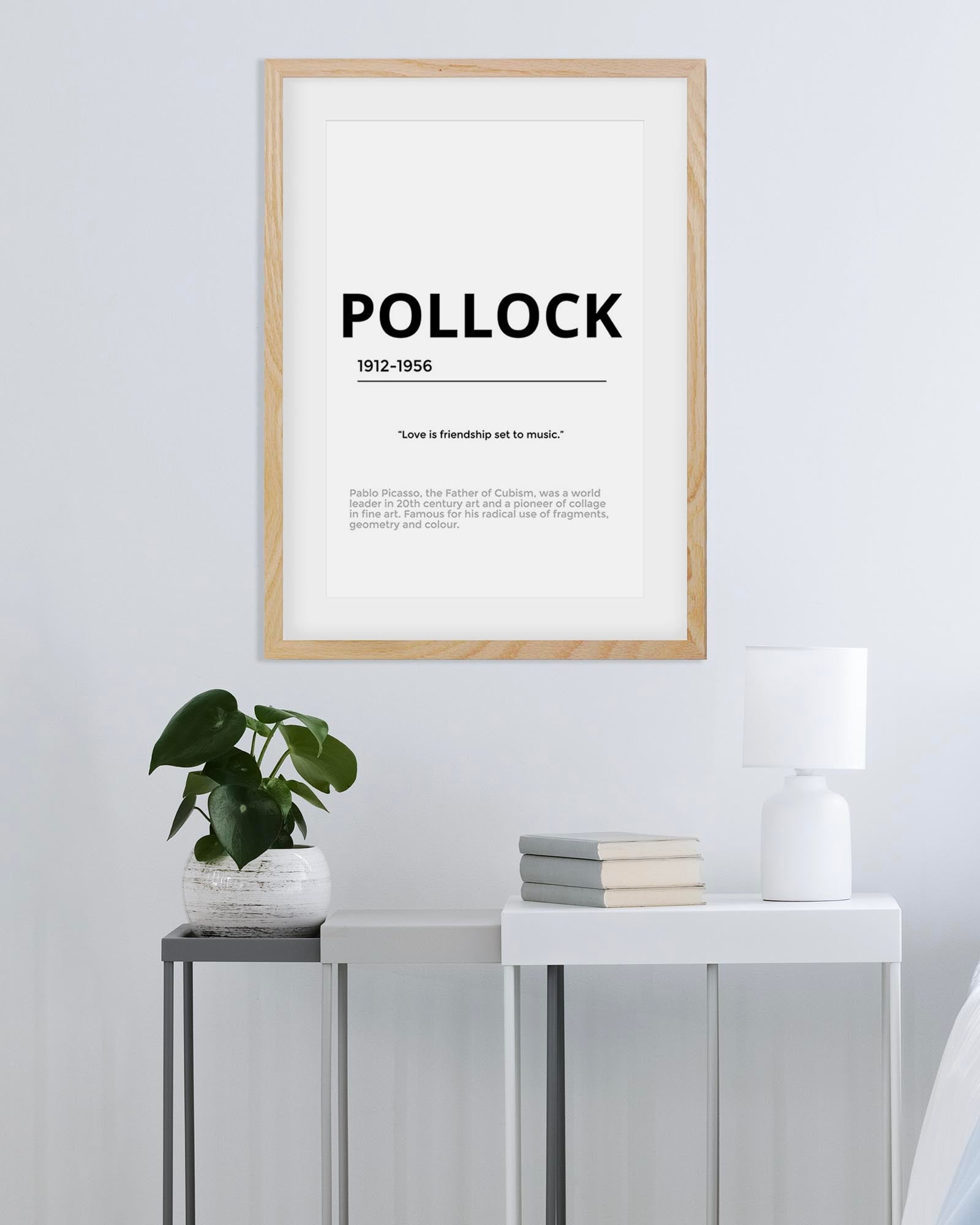 Framed poster with 'Pollock' text on a wall in a minimalistic room.