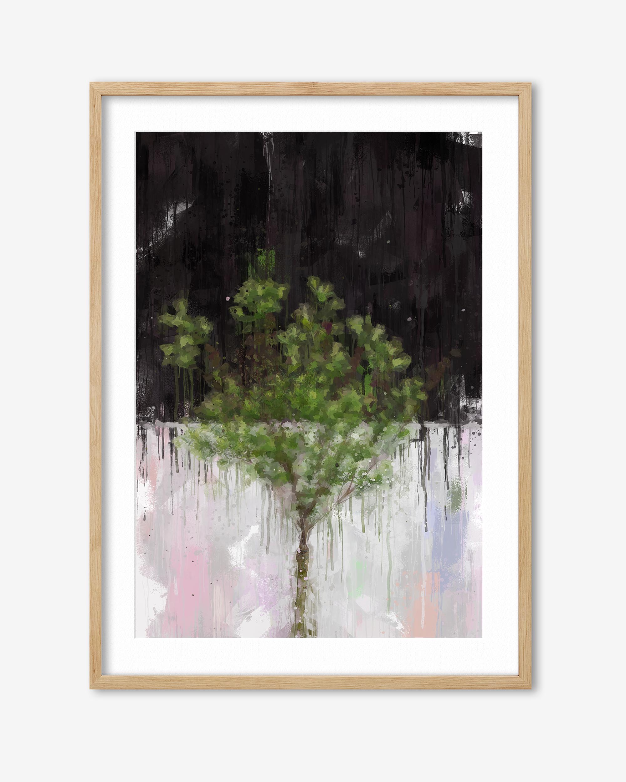Framed artwork of a tree with abstract watercolor background