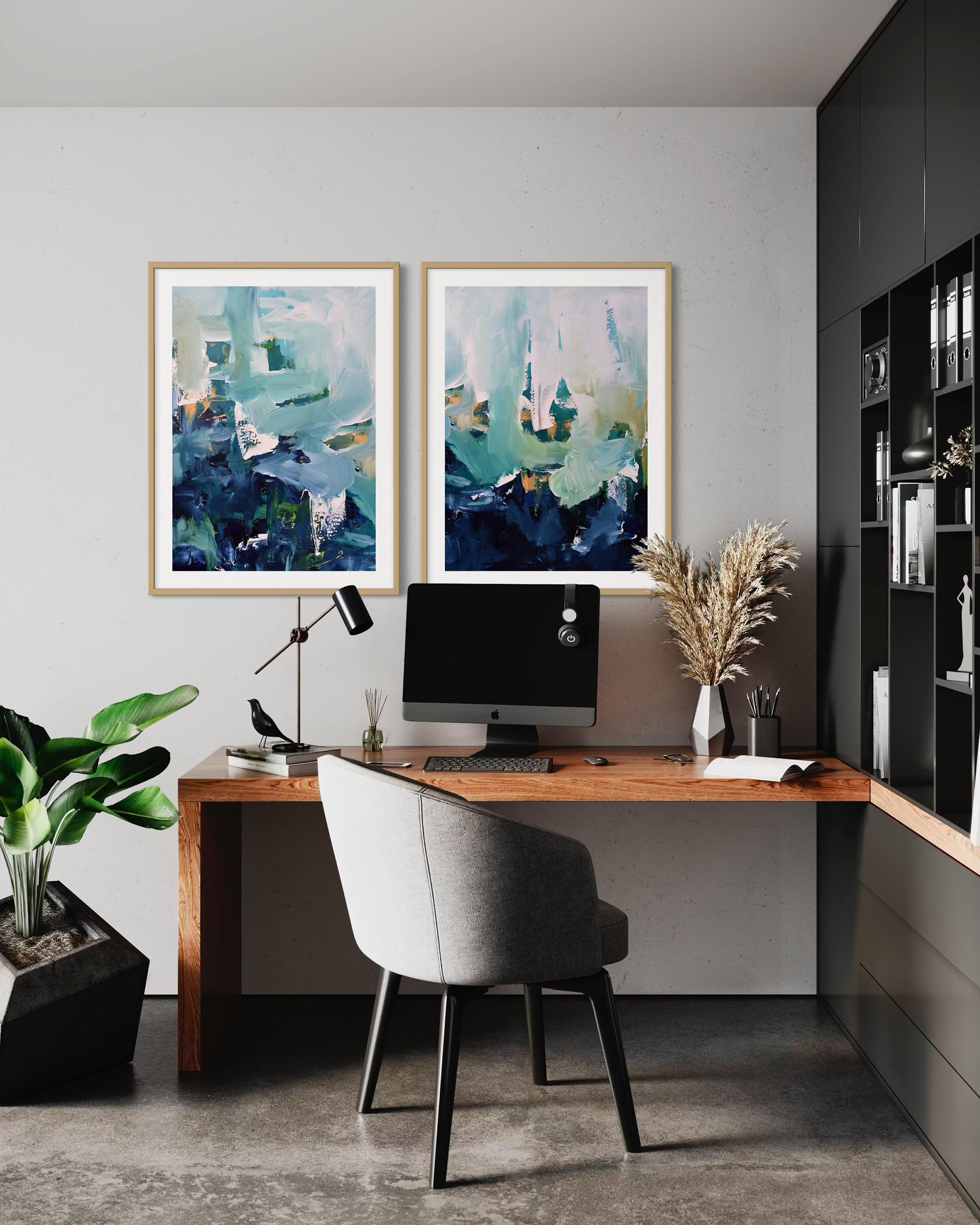 Modern home office with a desk, chair, computer, and abstract art on the wall.