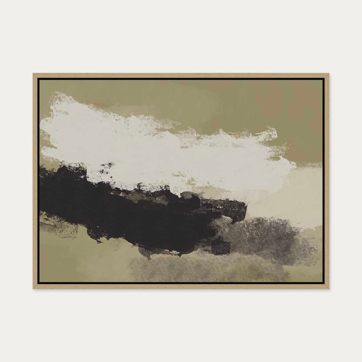 Olive Green On Black Strokes Canvas Art — 50 x 70 cm — Oak Frame