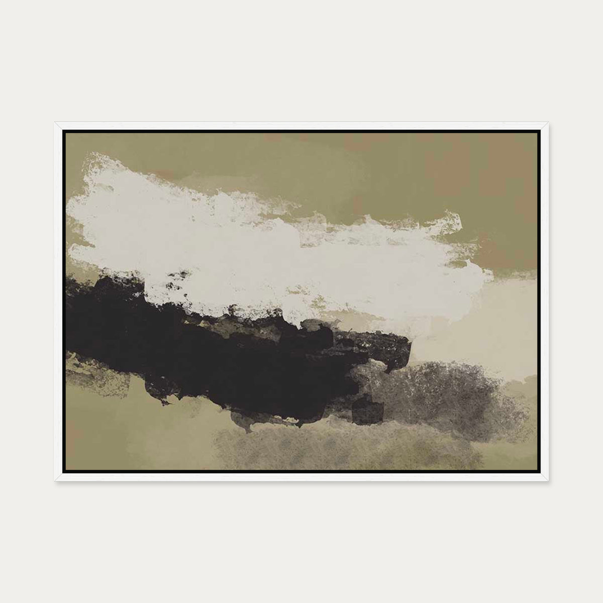 Olive Green On Black Strokes Canvas Art — 50 x 70 cm — White Frame