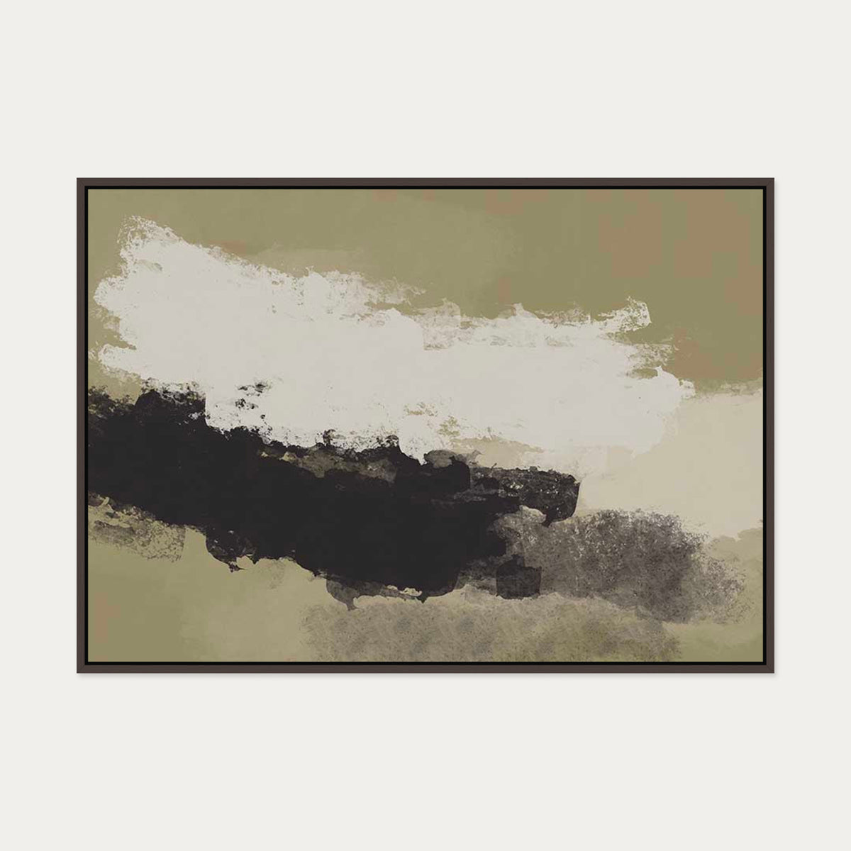 Olive Green On Black Strokes Canvas Art — 70 x 100 cm — Brown Frame