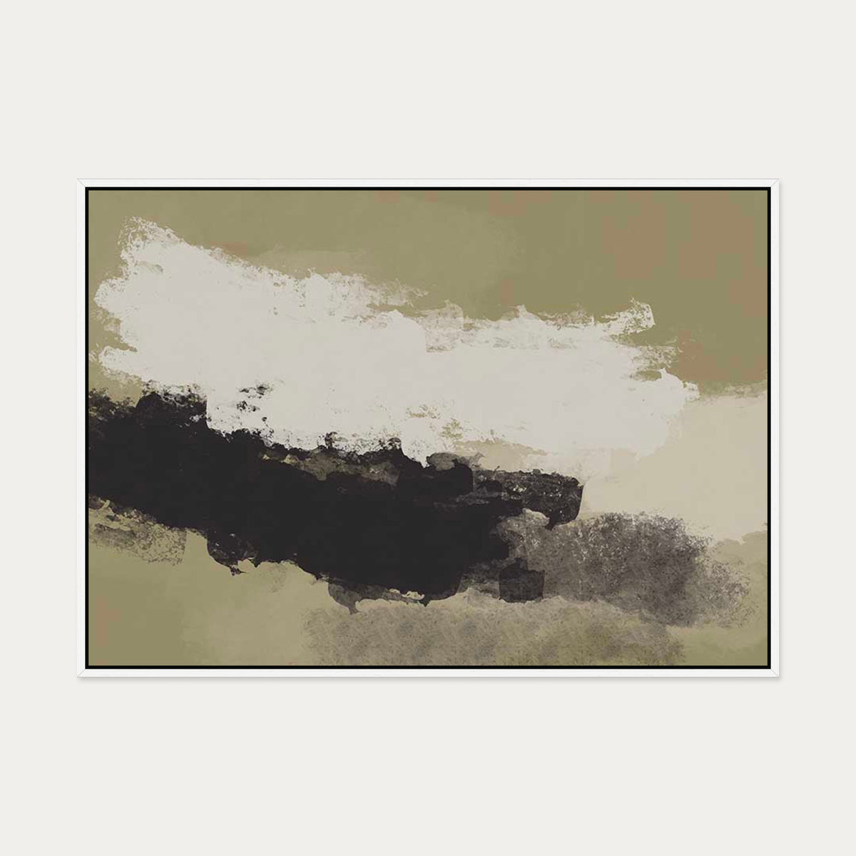 Olive Green On Black Strokes Canvas Art — 70 x 100 cm — White Frame
