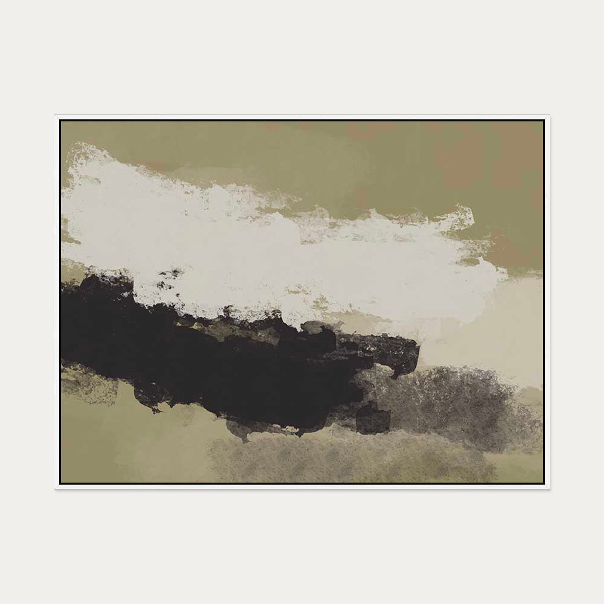 Olive Green On Black Strokes Canvas Art — 90 x 120 cm — White Frame