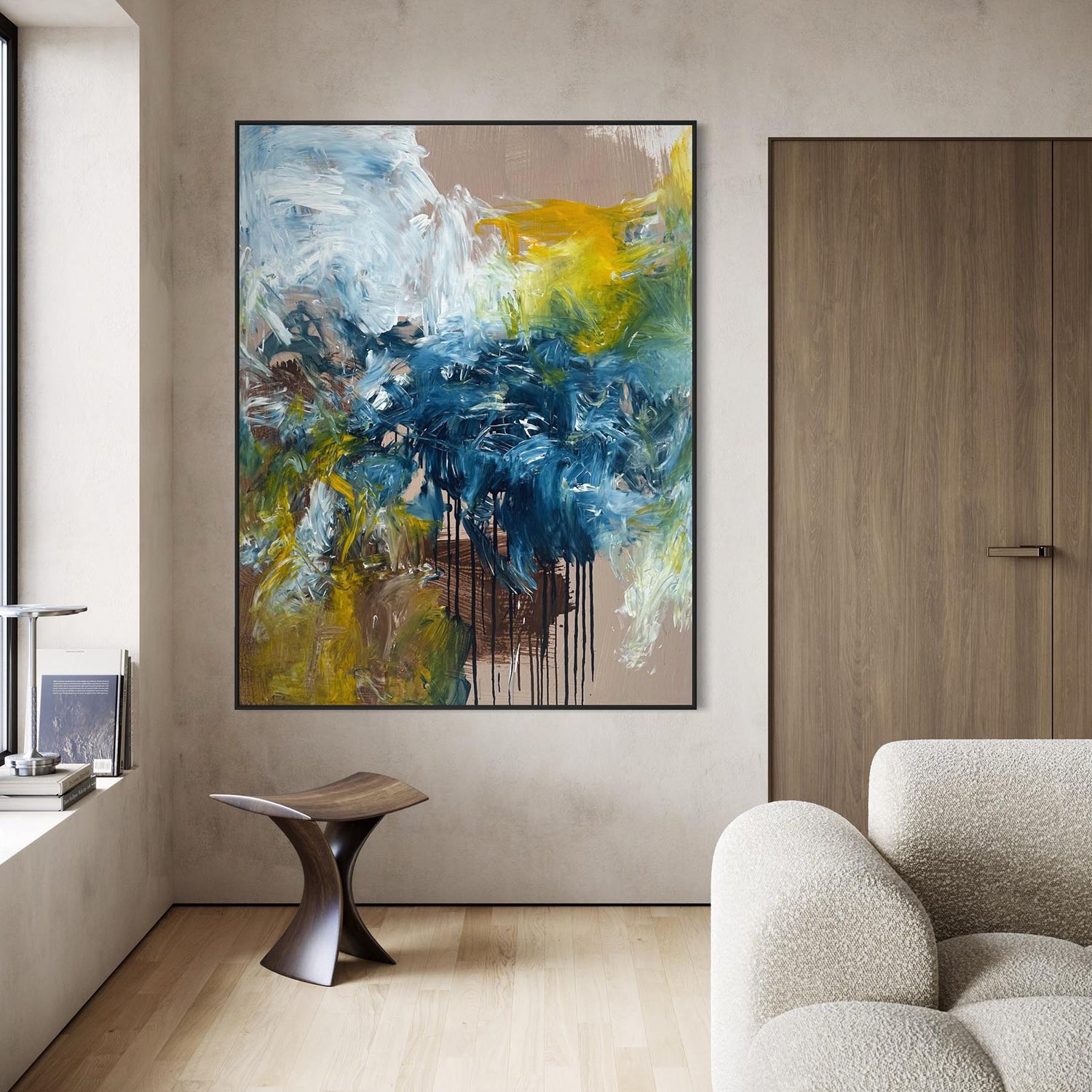 Large original abstract painting framed on a wall in a modern living room