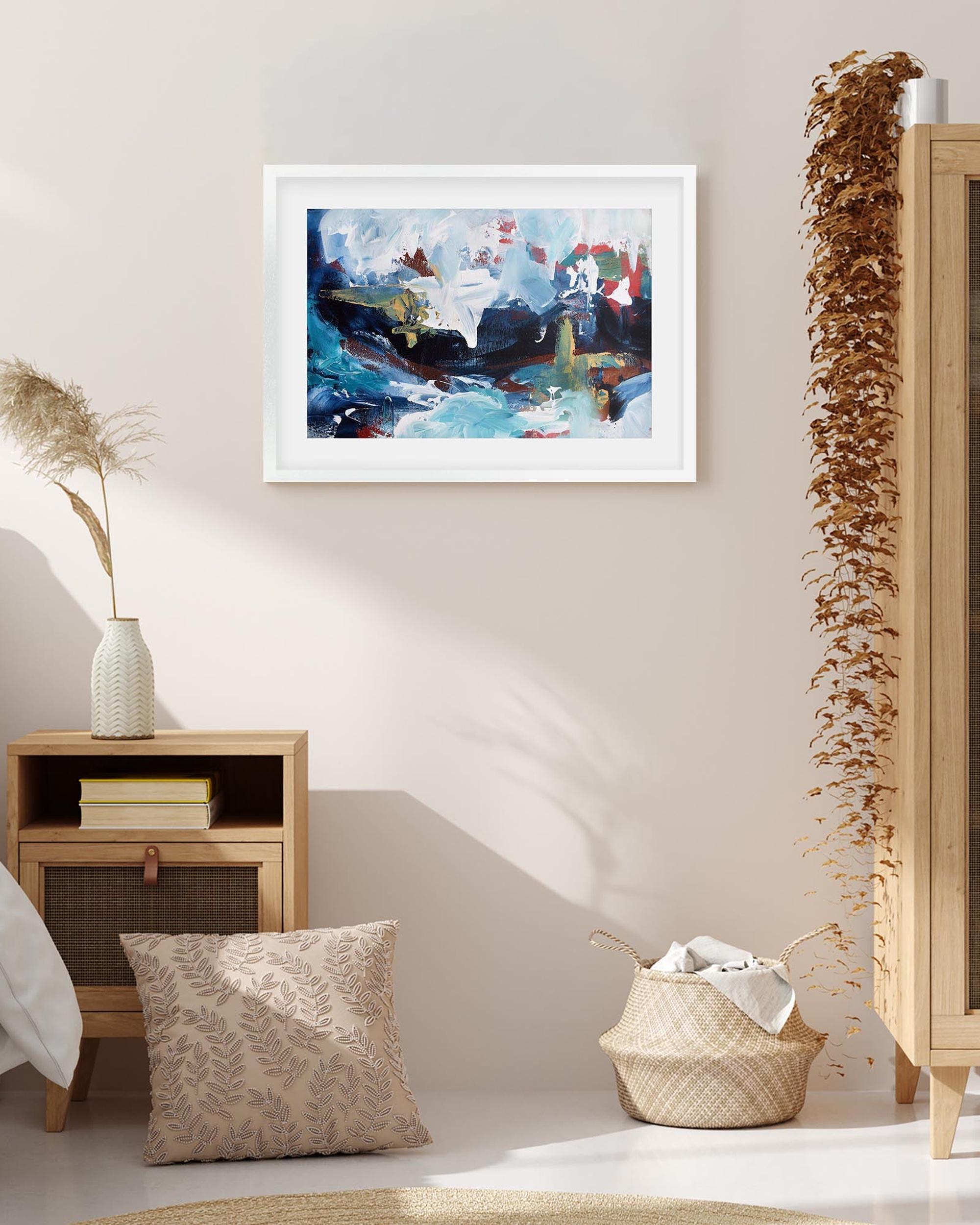 Modern bedroom with abstract art on the wall, wooden nightstand, and decorative elements.