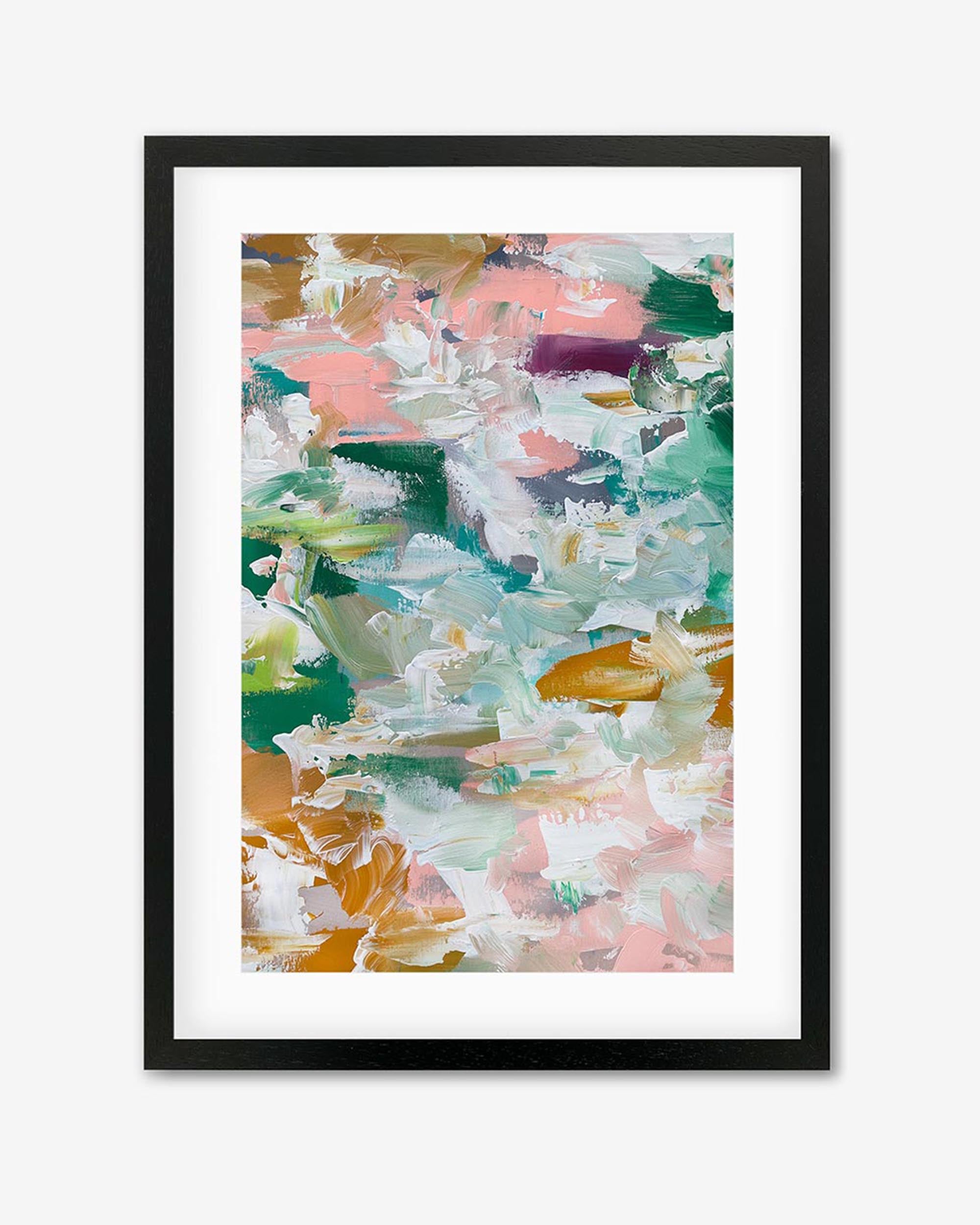 A framed art piece with abstract brush strokes in pink, green, and orange, with a black frame.
