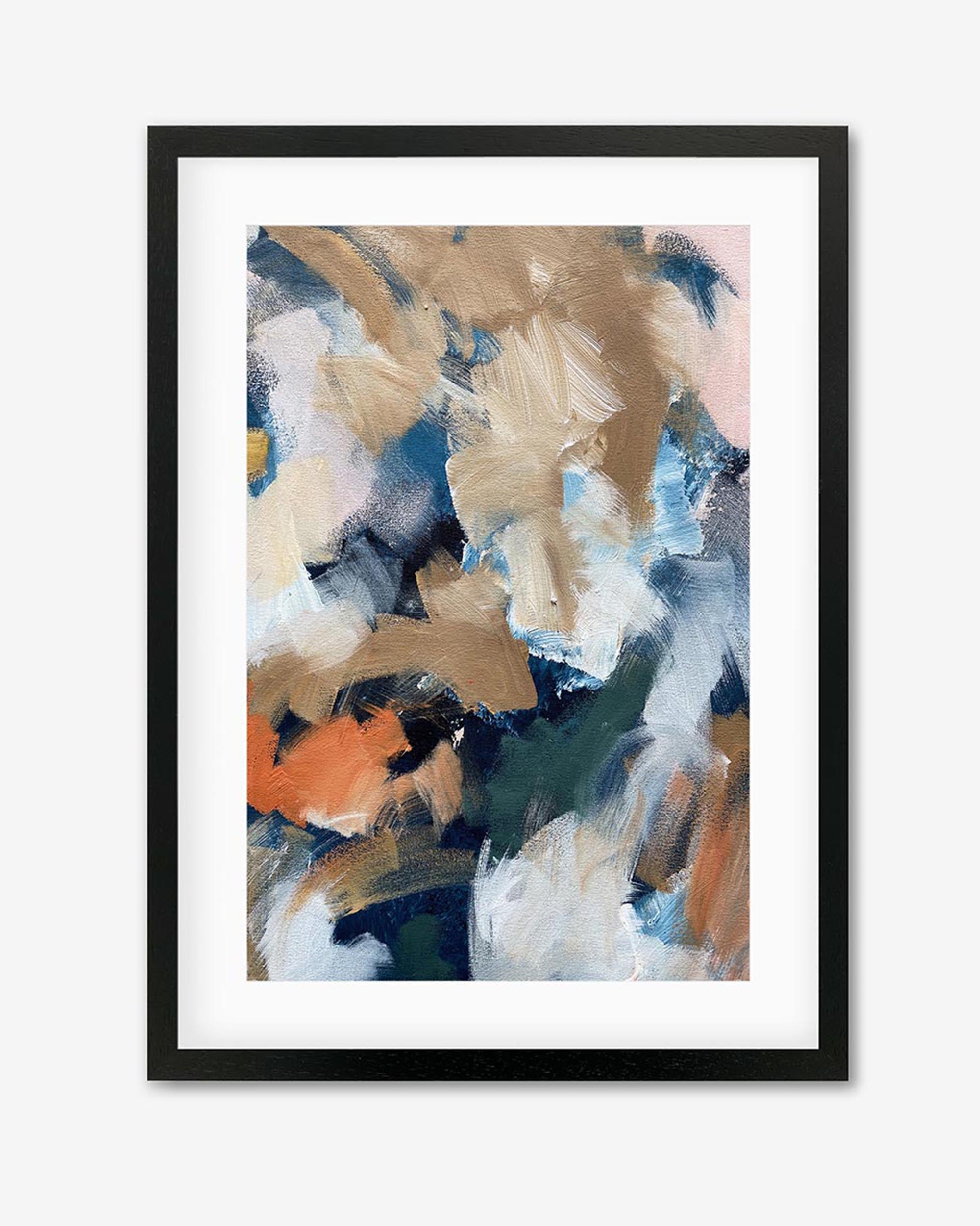 A framed art piece with abstract design, featuring overlapping brush strokes of brown, blues, and hints of whites, presented in a black frame.