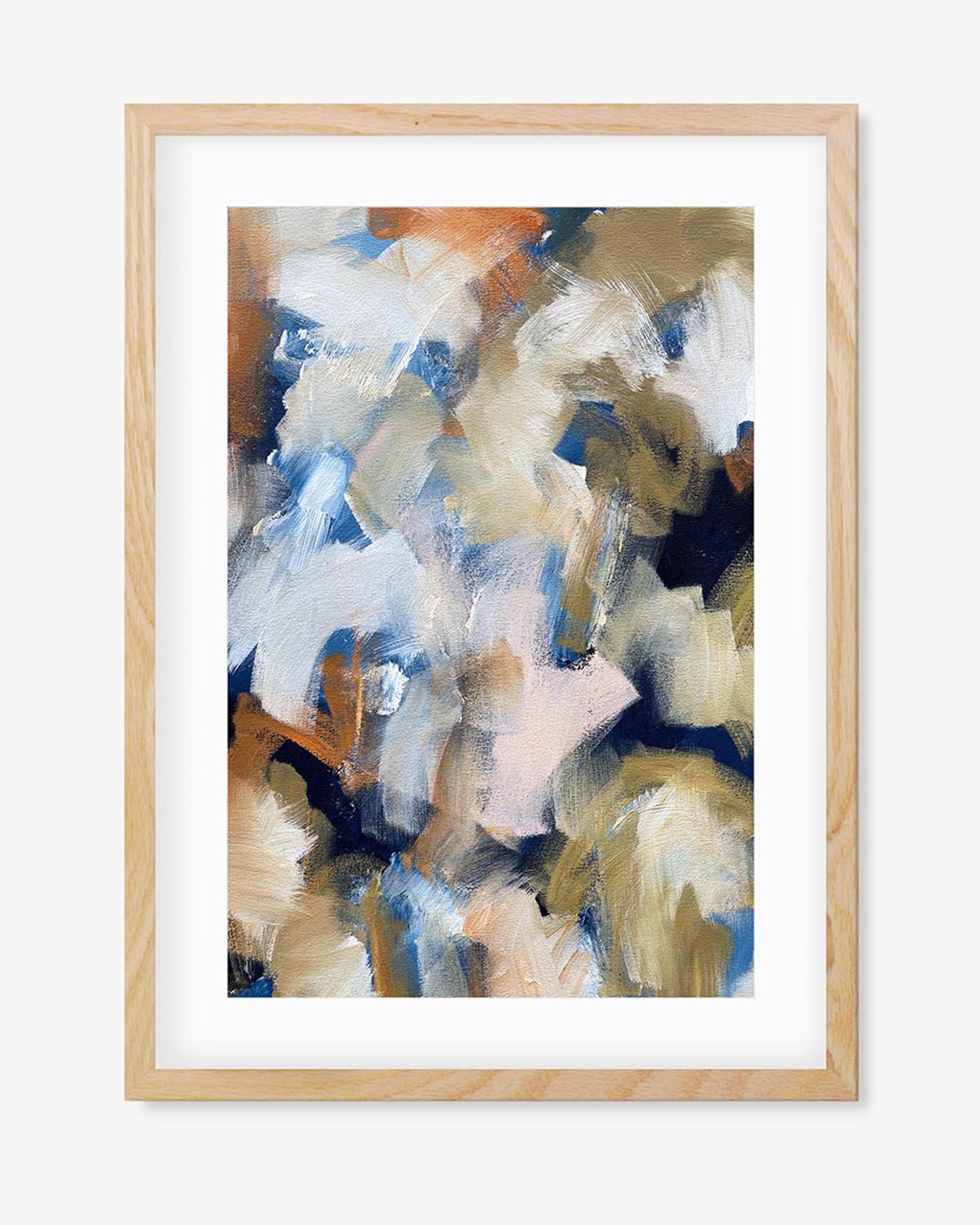 A framed art piece with abstract design, featuring rich browns, vibrant blues and oranges, displayed in a light wooden frame.