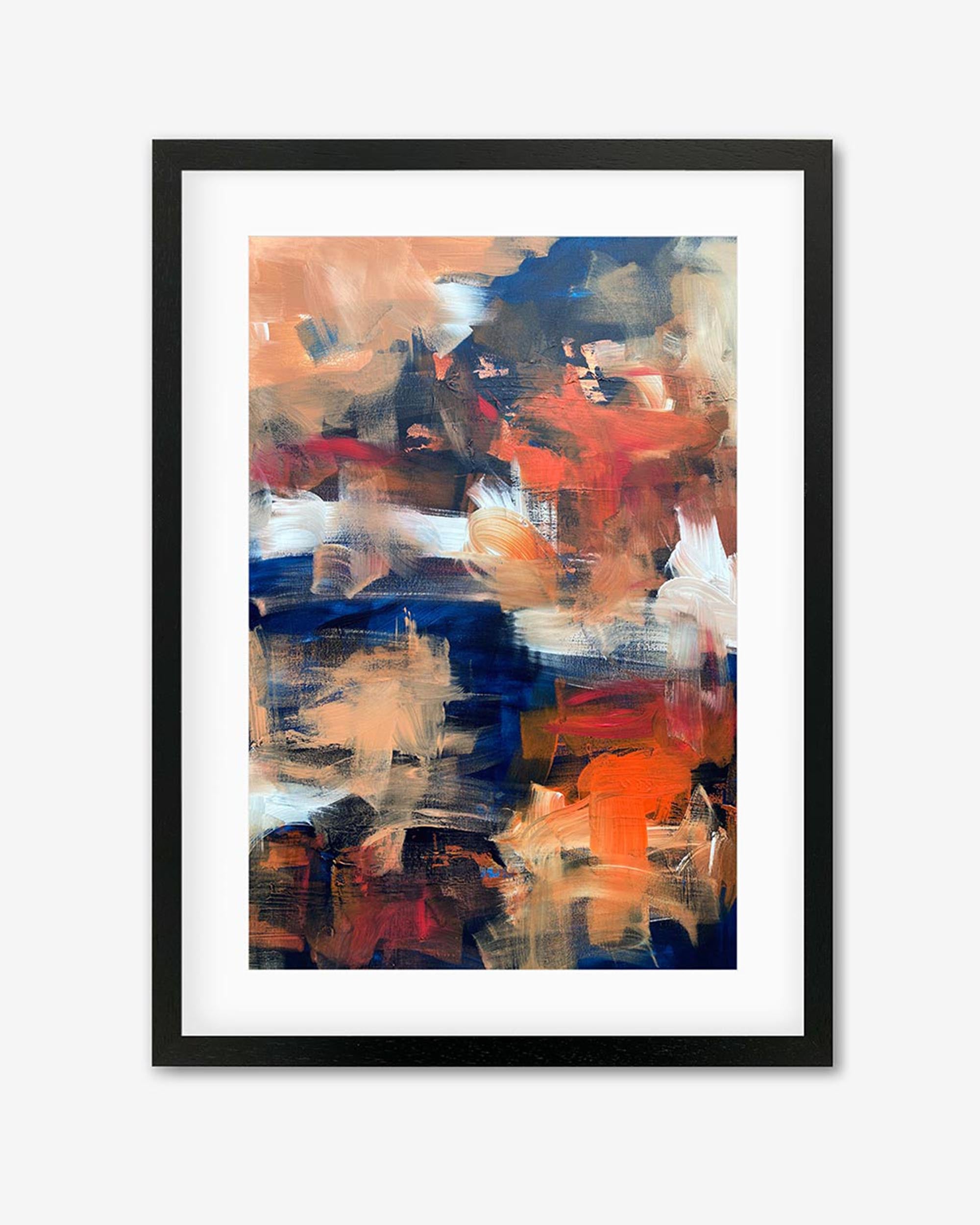 A framed abstract painting with a mix of bright red, peach, and deep blue colors, displayed in a vertical orientation.