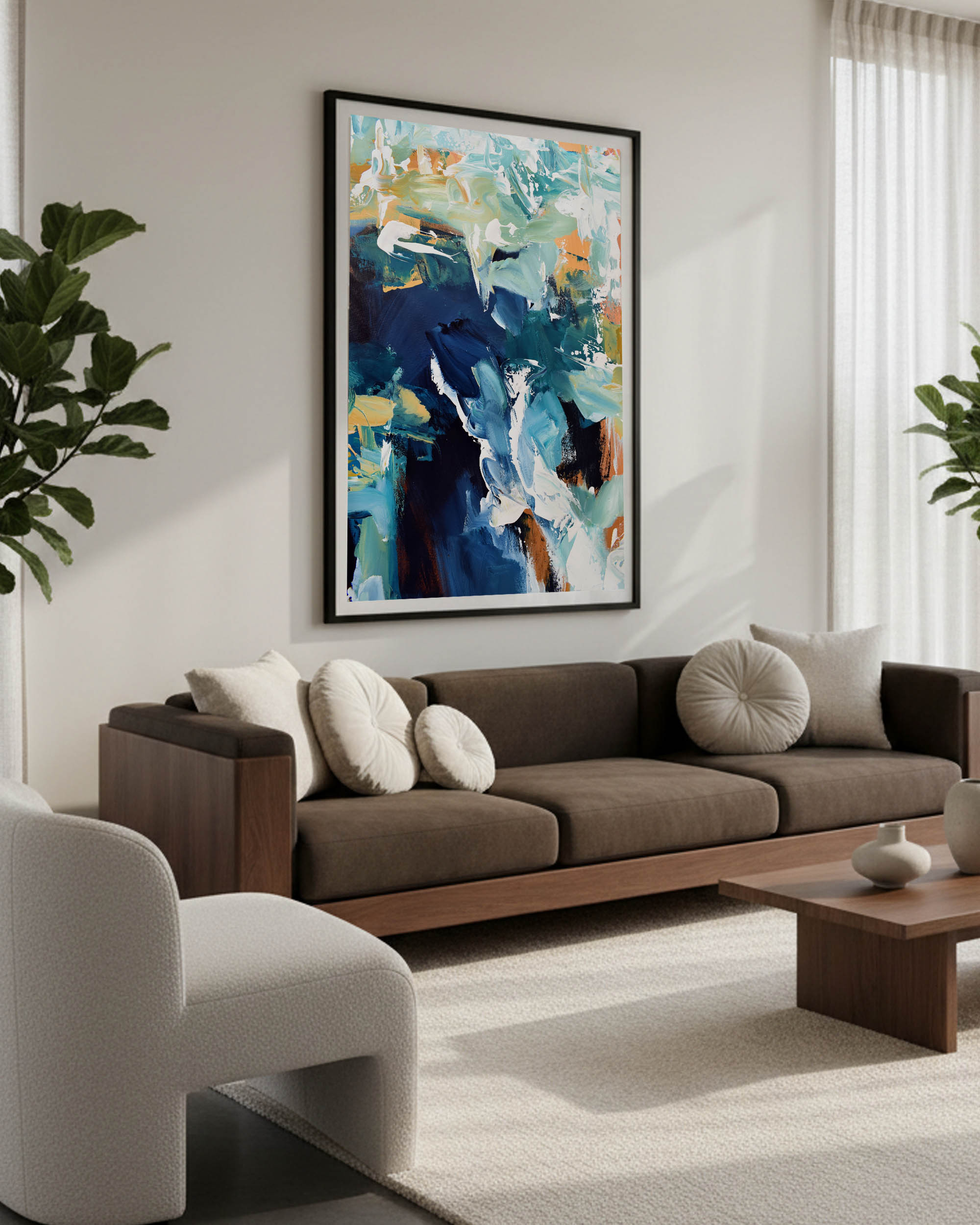Modern living room with a brown sofa, abstract painting, and decorative items.