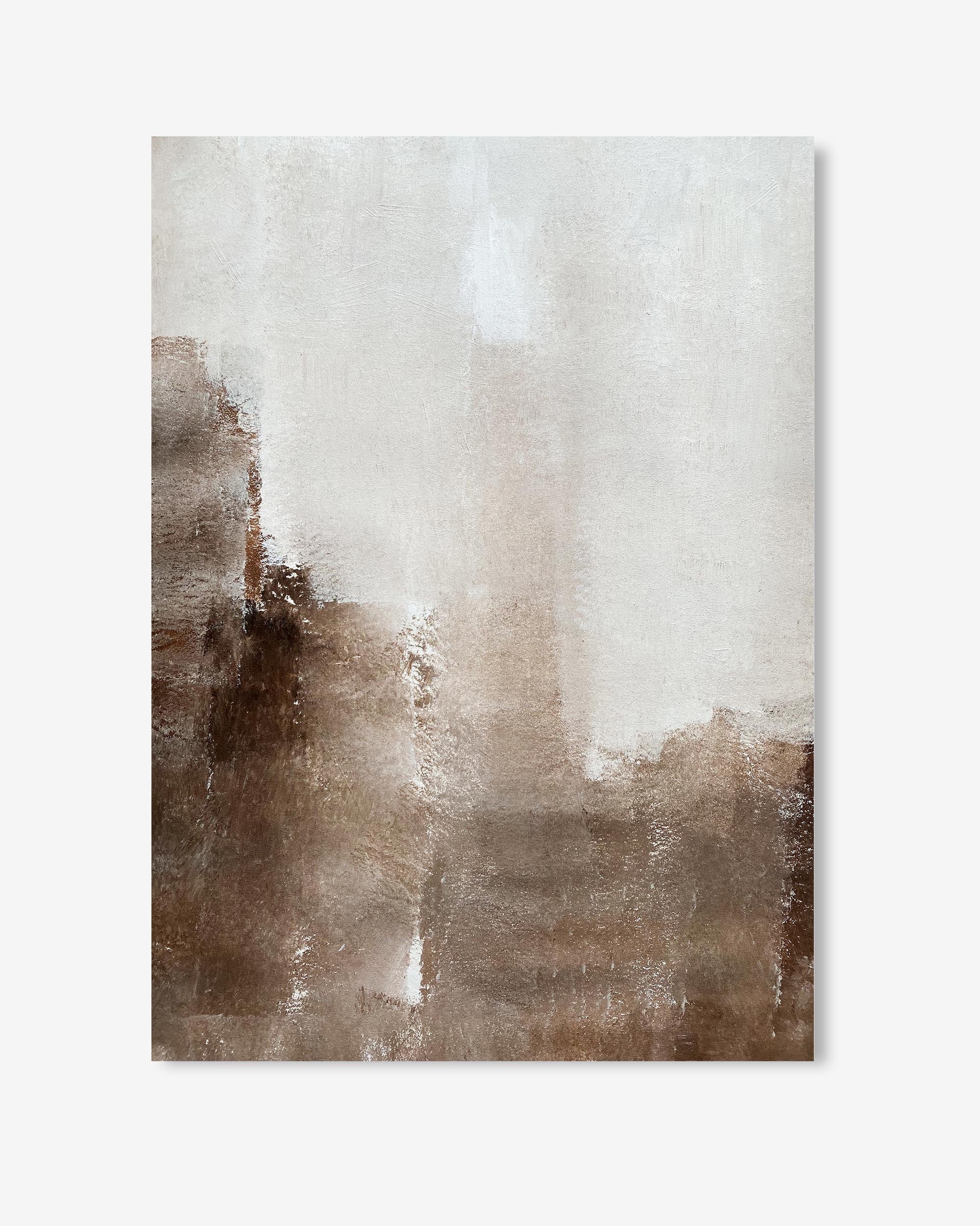 Abstract art print with brown and white color palette on a light gray background