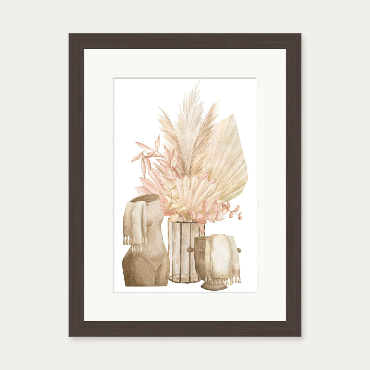 Pampas Watercolour Art Print — 30 x 40 cm — Brown Frame