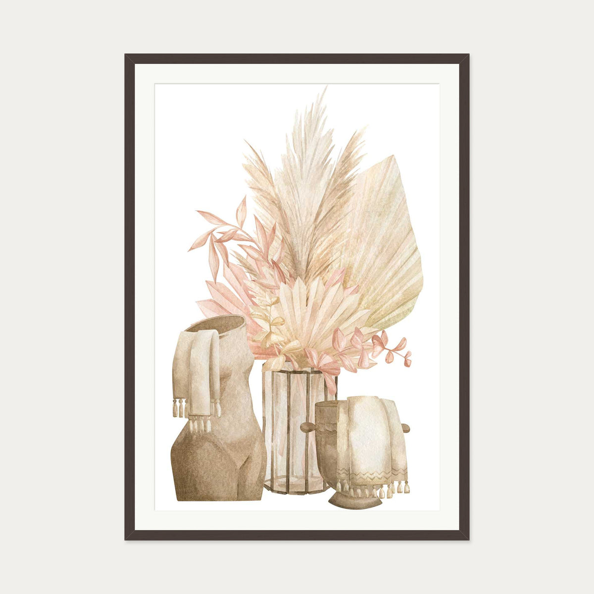 Pampas Watercolour Art Print — 70 x 100 cm — Brown Frame