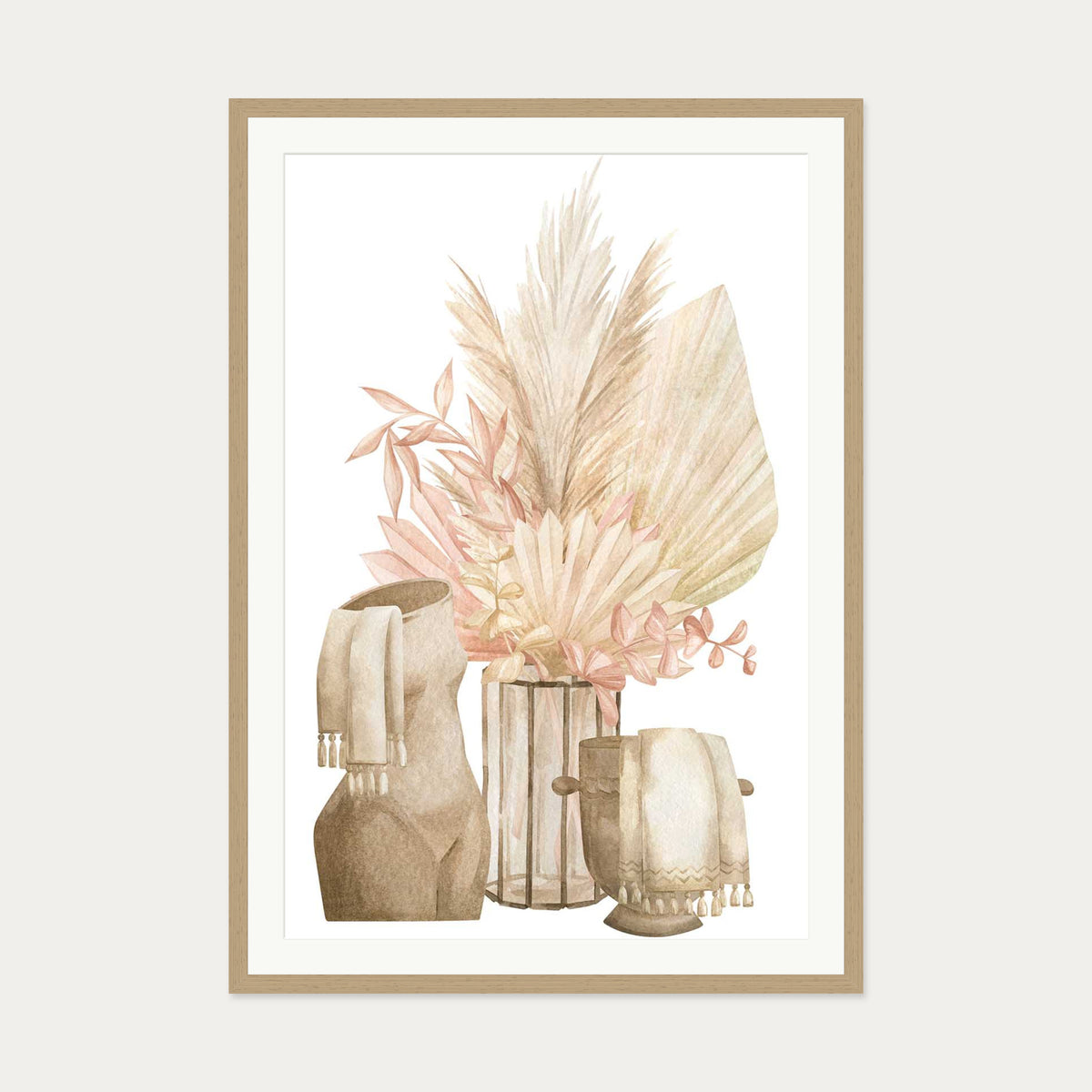 Pampas Watercolour Art Print — 70 x 100 cm — Oak Frame