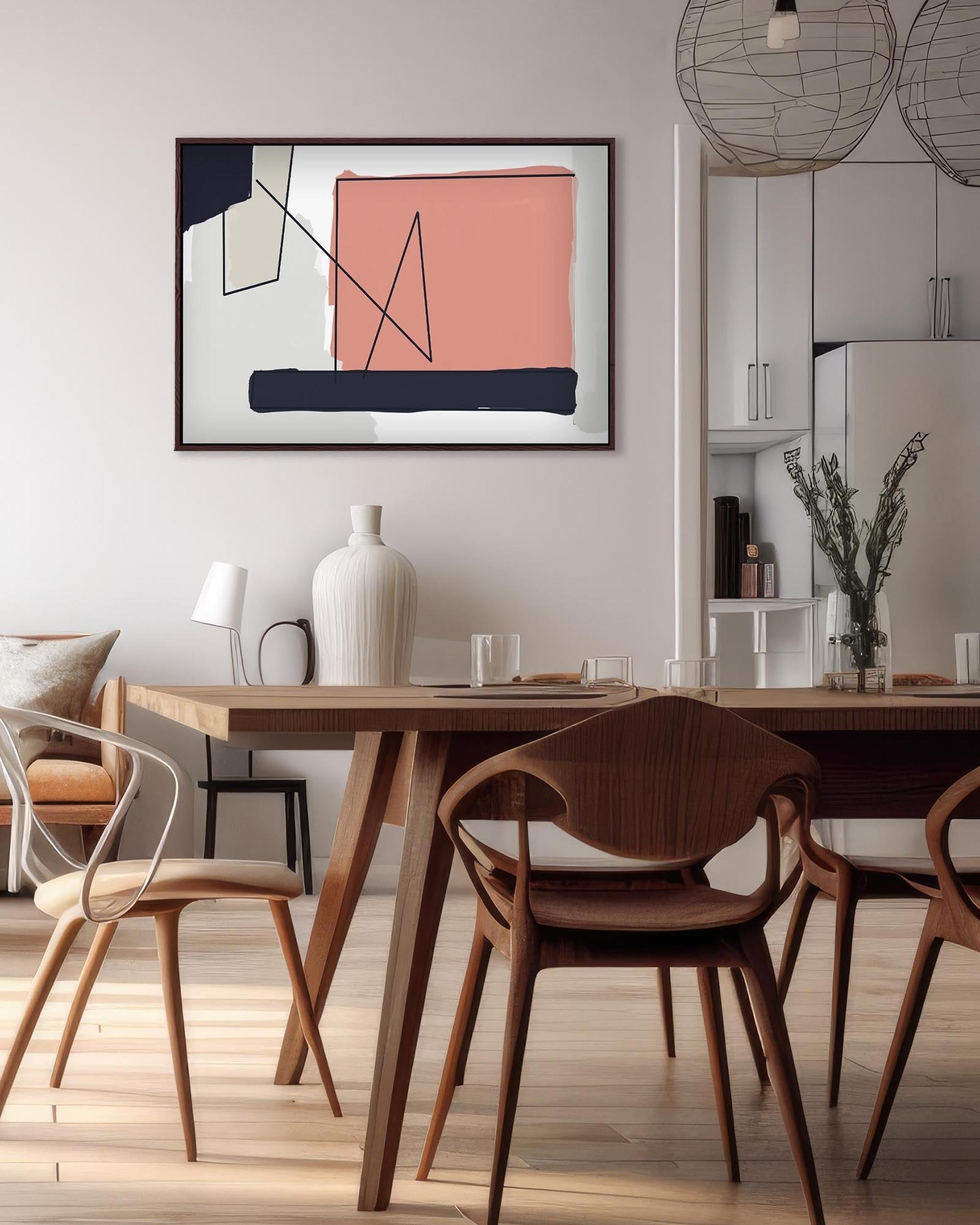 Dining room with wooden table and chairs, abstract art on the wall, and modern decor.
