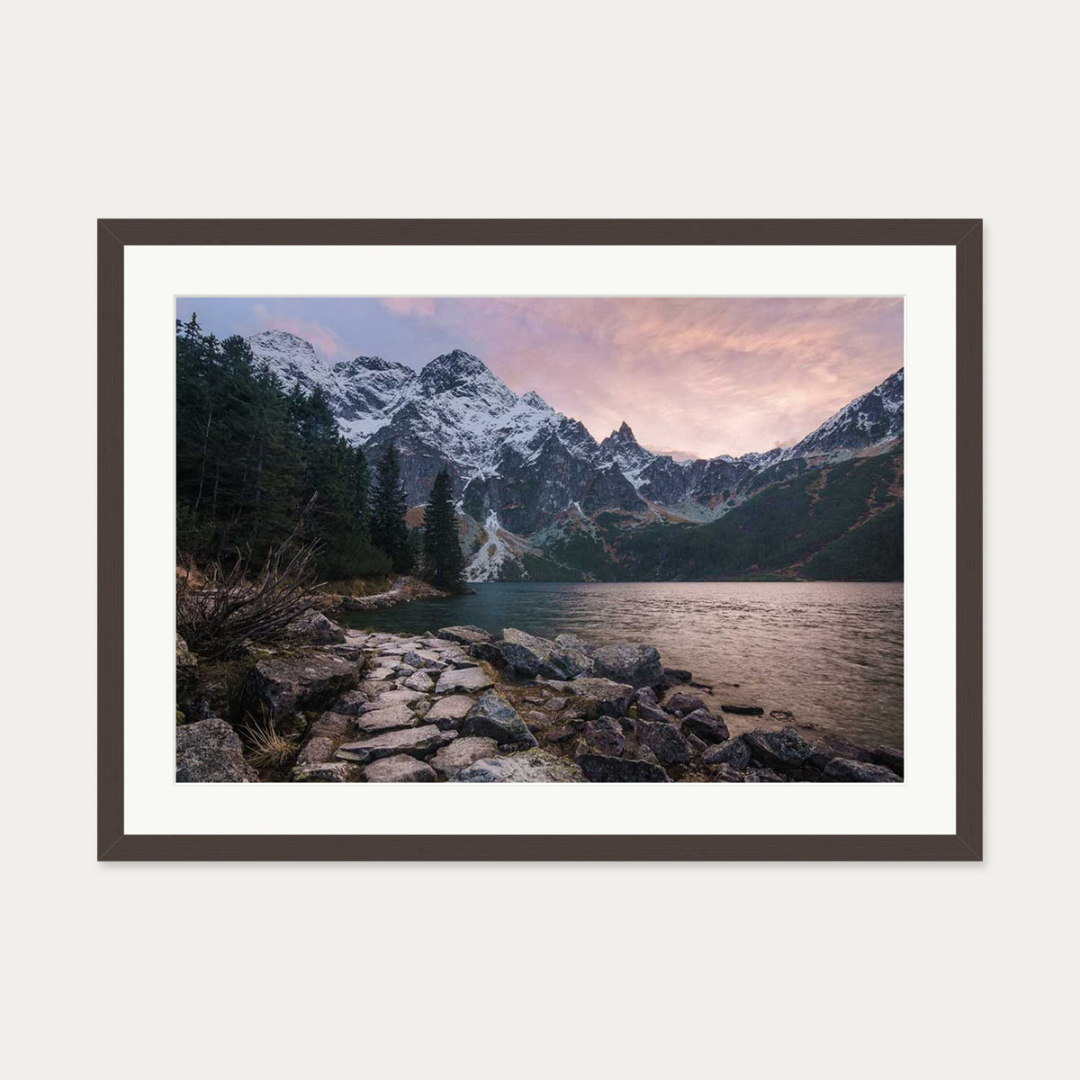 Picturesque Lake Wall Art Print — 50 x 70 cm — Brown Frame