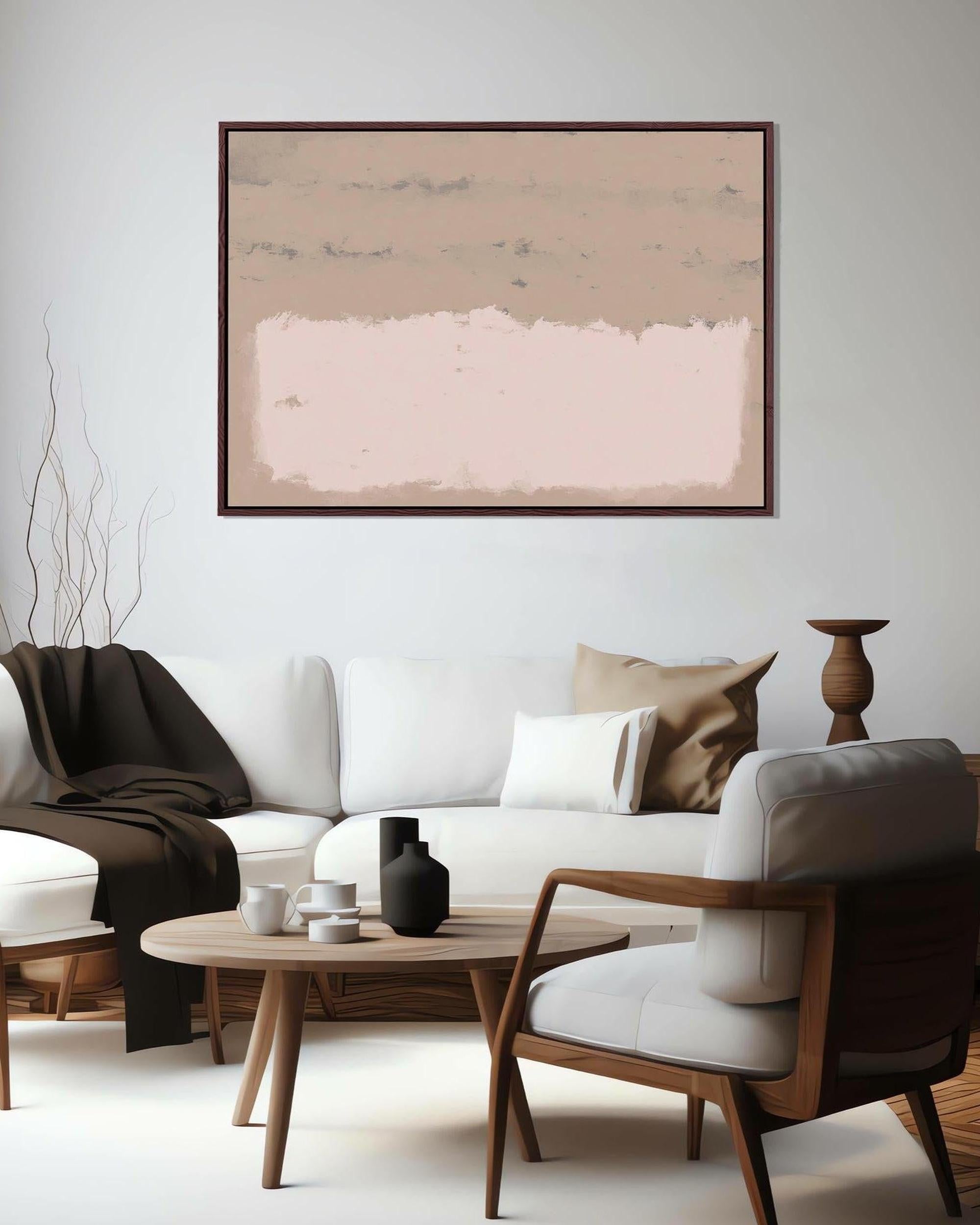 Modern living room with white sofa, wooden coffee table, and abstract painting on wall.